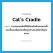 การเล่นของเด็กที่ใช้เชือกหรือด้ายพาดบนนิ้วของทั้งสองมือแล้วเปลี่ยนรูปร่างของเชือกเป็นรูปต่างๆ ภาษาอังกฤษ?, คำศัพท์ภาษาอังกฤษ การเล่นของเด็กที่ใช้เชือกหรือด้ายพาดบนนิ้วของทั้งสองมือแล้วเปลี่ยนรูปร่างของเชือกเป็นรูปต่างๆ แปลว่า cat&#39;s cradle ประเภท N หมวด N