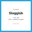 sluggish แปลว่า?, คำศัพท์ภาษาอังกฤษ sluggish แปลว่า งง ประเภท ADJ ตัวอย่าง คนไข้ยังมีอาการงงอยู่เลย หมวด ADJ