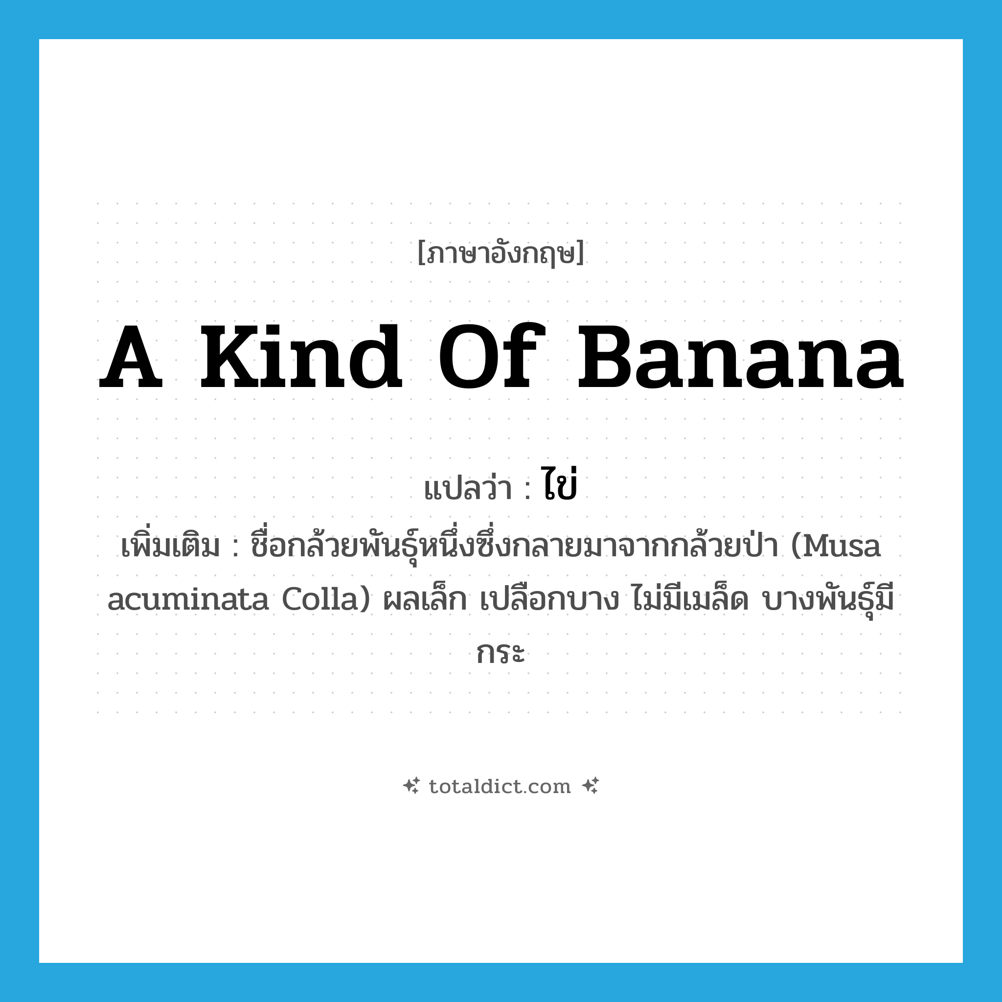 a kind of banana แปลว่า?, คำศัพท์ภาษาอังกฤษ a kind of banana แปลว่า ไข่ ประเภท N เพิ่มเติม ชื่อกล้วยพันธุ์หนึ่งซึ่งกลายมาจากกล้วยป่า (Musa acuminata Colla) ผลเล็ก เปลือกบาง ไม่มีเมล็ด บางพันธุ์มีกระ หมวด N