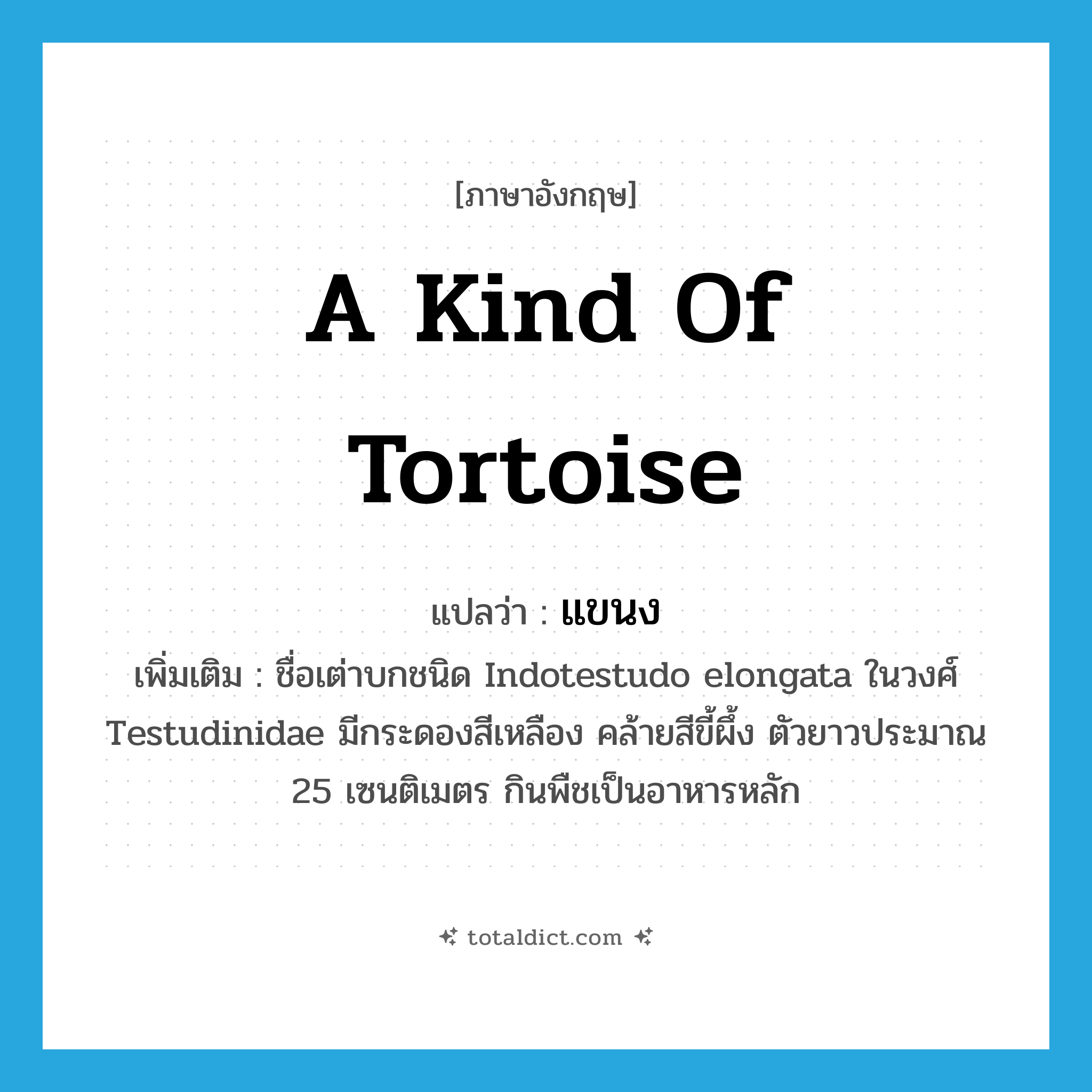 แขนง ภาษาอังกฤษ?, คำศัพท์ภาษาอังกฤษ แขนง แปลว่า a kind of tortoise ประเภท N เพิ่มเติม ชื่อเต่าบกชนิด Indotestudo elongata ในวงศ์ Testudinidae มีกระดองสีเหลือง คล้ายสีขี้ผึ้ง ตัวยาวประมาณ 25 เซนติเมตร กินพืชเป็นอาหารหลัก หมวด N