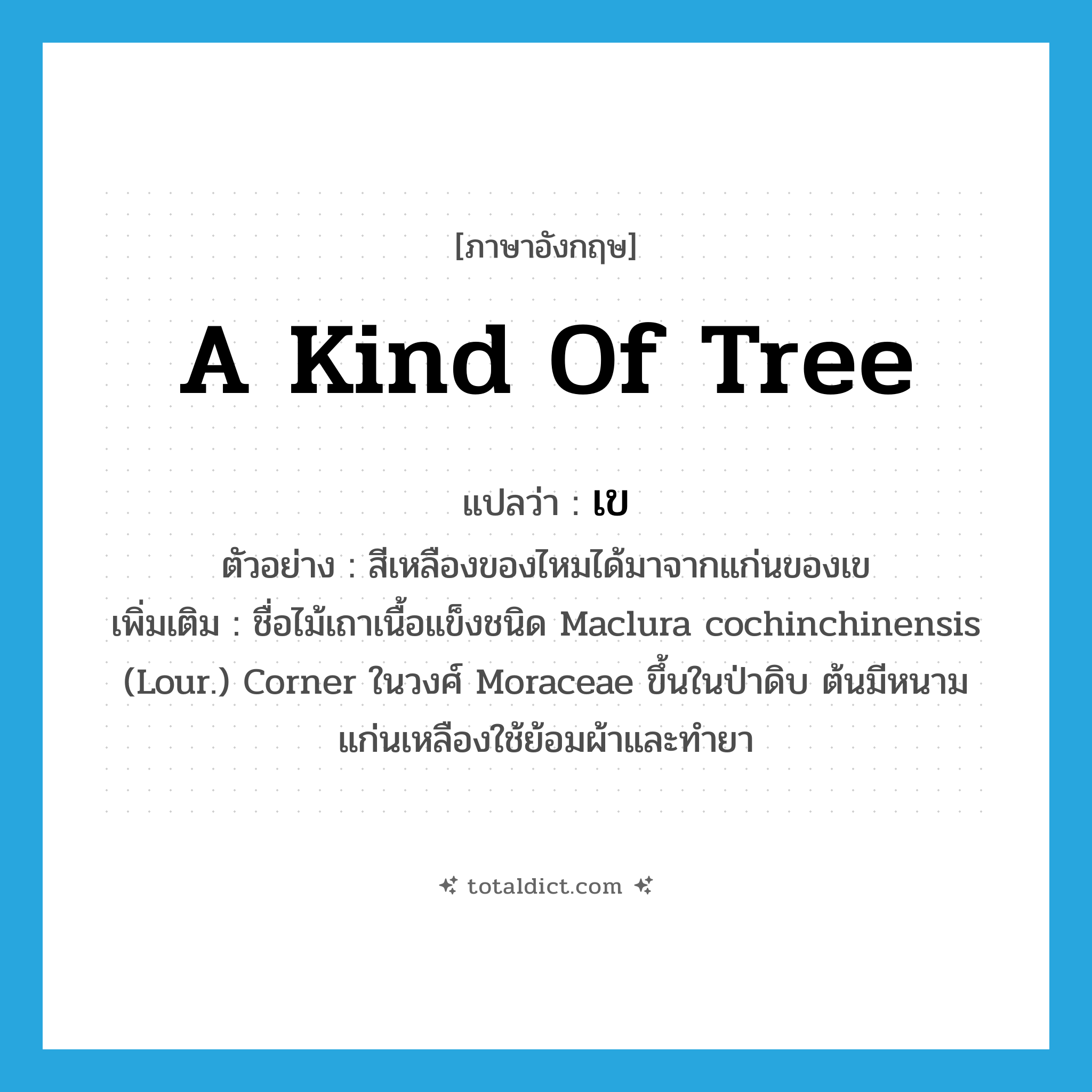 เข ภาษาอังกฤษ?, คำศัพท์ภาษาอังกฤษ เข แปลว่า a kind of tree ประเภท N ตัวอย่าง สีเหลืองของไหมได้มาจากแก่นของเข เพิ่มเติม ชื่อไม้เถาเนื้อแข็งชนิด Maclura cochinchinensis (Lour.) Corner ในวงศ์ Moraceae ขึ้นในป่าดิบ ต้นมีหนาม แก่นเหลืองใช้ย้อมผ้าและทำยา หมวด N