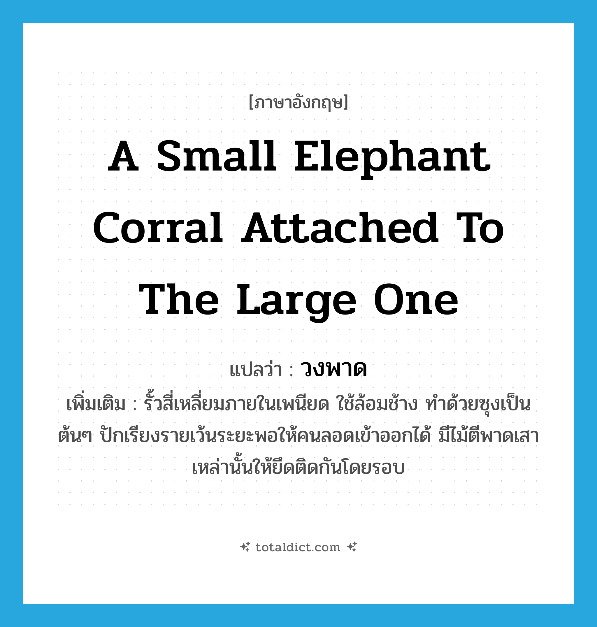 a small elephant corral attached to the large one แปลว่า?, คำศัพท์ภาษาอังกฤษ a small elephant corral attached to the large one แปลว่า วงพาด ประเภท N เพิ่มเติม รั้วสี่เหลี่ยมภายในเพนียด ใช้ล้อมช้าง ทำด้วยซุงเป็นต้นๆ ปักเรียงรายเว้นระยะพอให้คนลอดเข้าออกได้ มีไม้ตีพาดเสาเหล่านั้นให้ยึดติดกันโดยรอบ หมวด N
