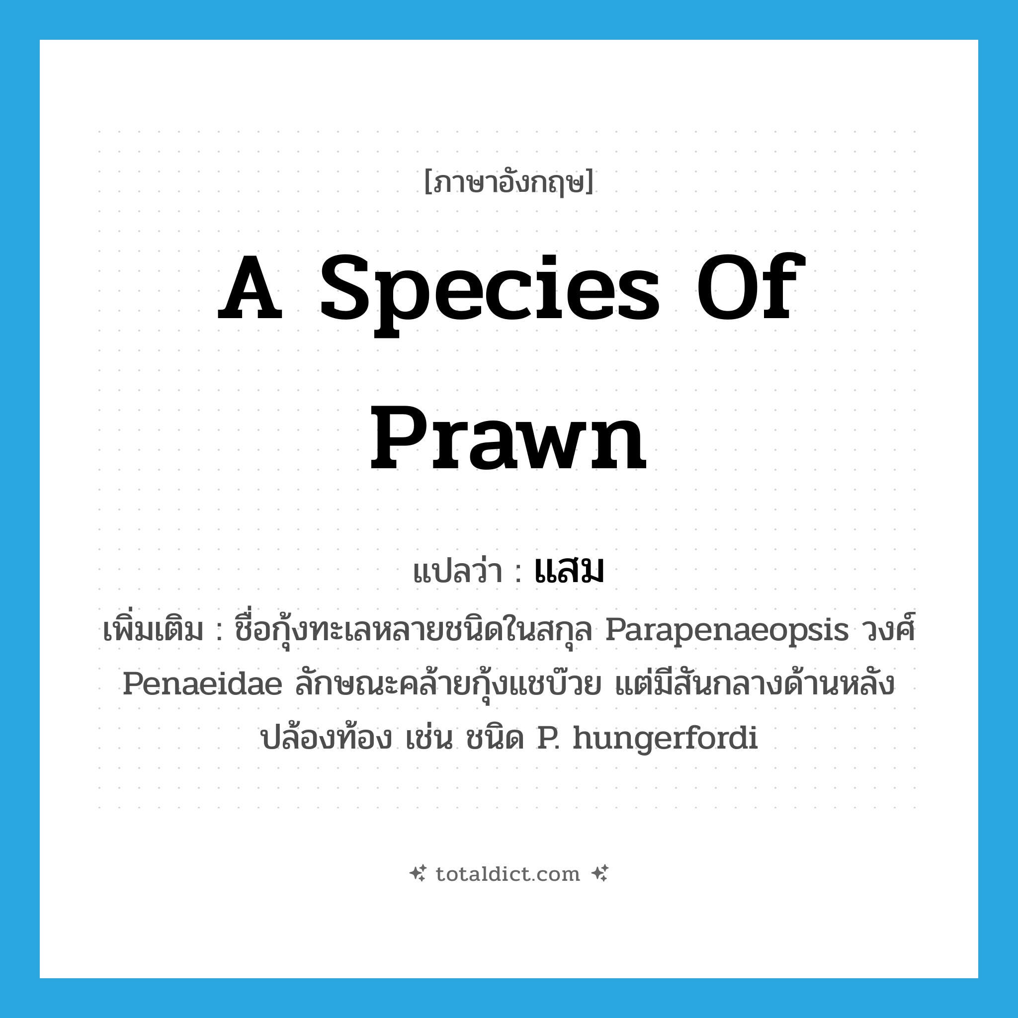 a species of prawn แปลว่า?, คำศัพท์ภาษาอังกฤษ a species of prawn แปลว่า แสม ประเภท N เพิ่มเติม ชื่อกุ้งทะเลหลายชนิดในสกุล Parapenaeopsis วงศ์ Penaeidae ลักษณะคล้ายกุ้งแชบ๊วย แต่มีสันกลางด้านหลังปล้องท้อง เช่น ชนิด P. hungerfordi หมวด N