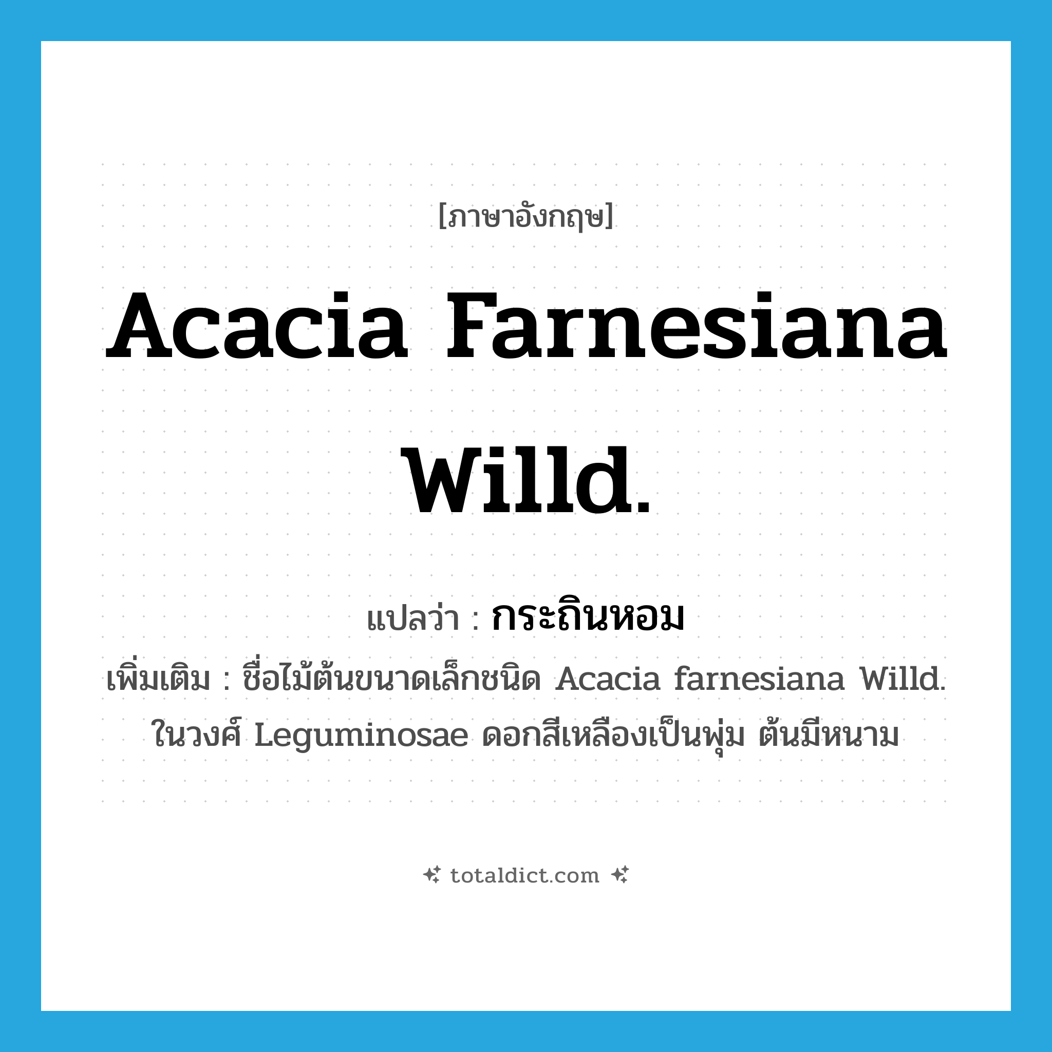 Acacia farnesiana Willd. แปลว่า?, คำศัพท์ภาษาอังกฤษ Acacia farnesiana Willd. แปลว่า กระถินหอม ประเภท N เพิ่มเติม ชื่อไม้ต้นขนาดเล็กชนิด Acacia farnesiana Willd. ในวงศ์ Leguminosae ดอกสีเหลืองเป็นพุ่ม ต้นมีหนาม หมวด N