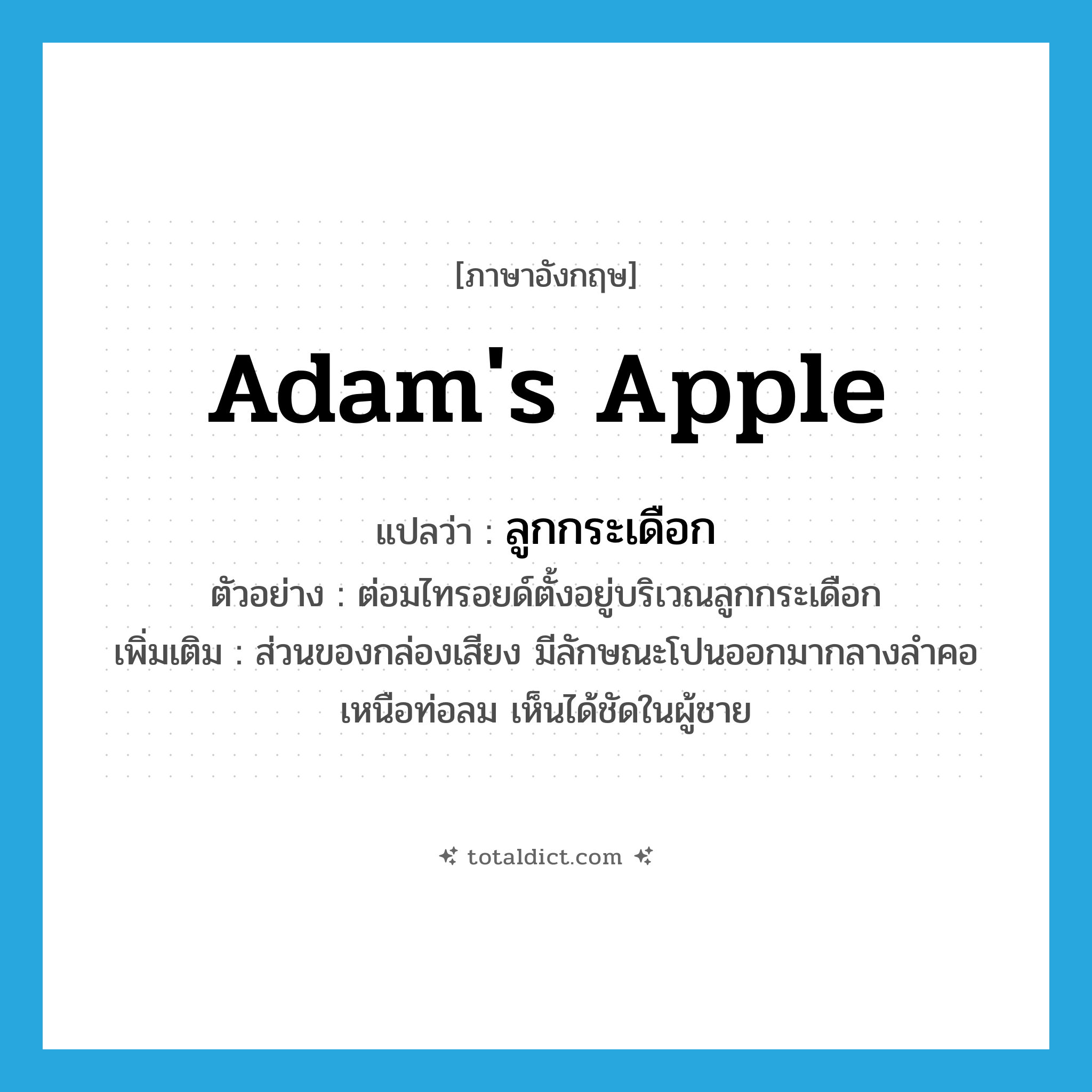 Adam&#39;s apple แปลว่า?, คำศัพท์ภาษาอังกฤษ Adam&#39;s apple แปลว่า ลูกกระเดือก ประเภท N ตัวอย่าง ต่อมไทรอยด์ตั้งอยู่บริเวณลูกกระเดือก เพิ่มเติม ส่วนของกล่องเสียง มีลักษณะโปนออกมากลางลำคอเหนือท่อลม เห็นได้ชัดในผู้ชาย หมวด N