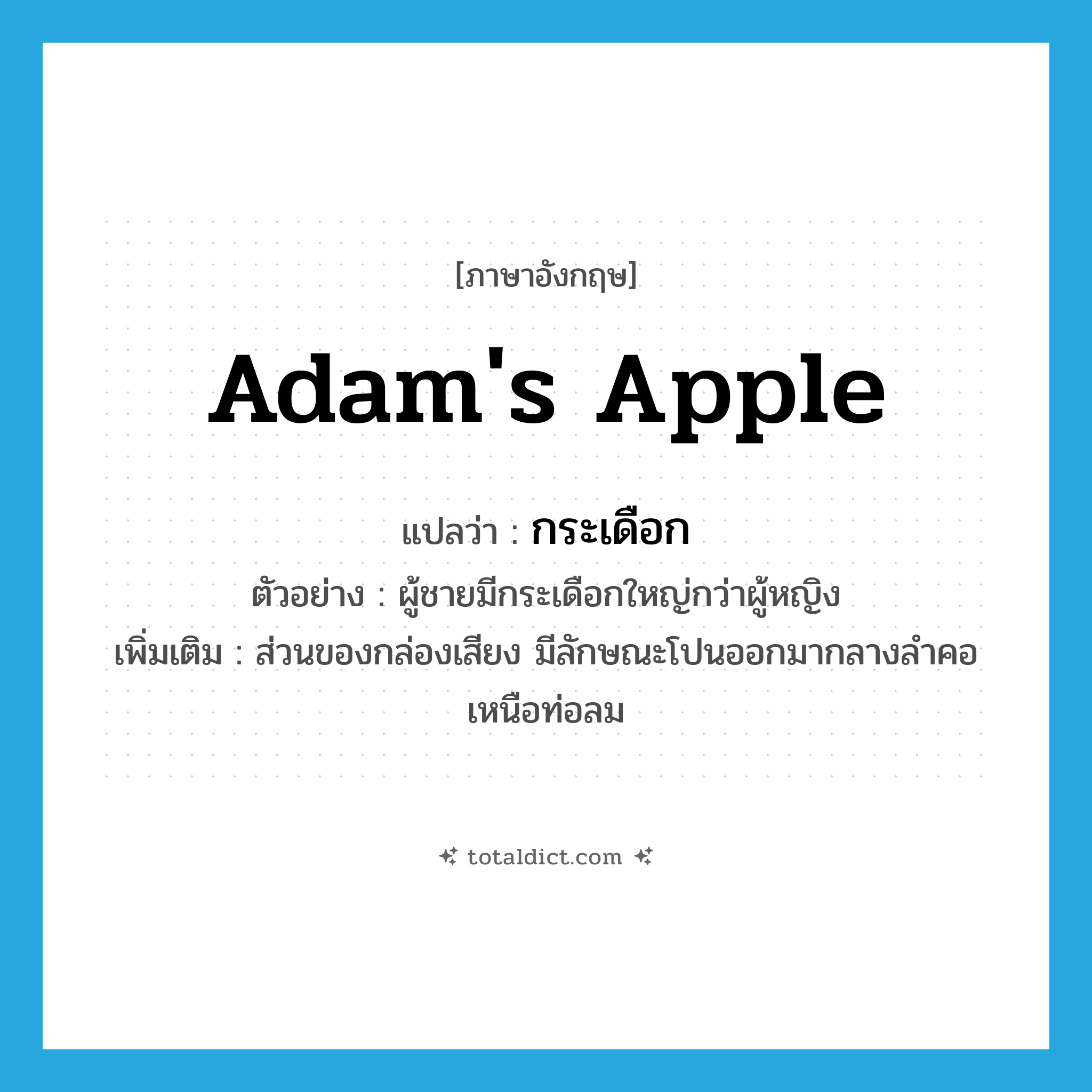 Adam&#39;s apple แปลว่า?, คำศัพท์ภาษาอังกฤษ Adam&#39;s apple แปลว่า กระเดือก ประเภท N ตัวอย่าง ผู้ชายมีกระเดือกใหญ่กว่าผู้หญิง เพิ่มเติม ส่วนของกล่องเสียง มีลักษณะโปนออกมากลางลำคอเหนือท่อลม หมวด N
