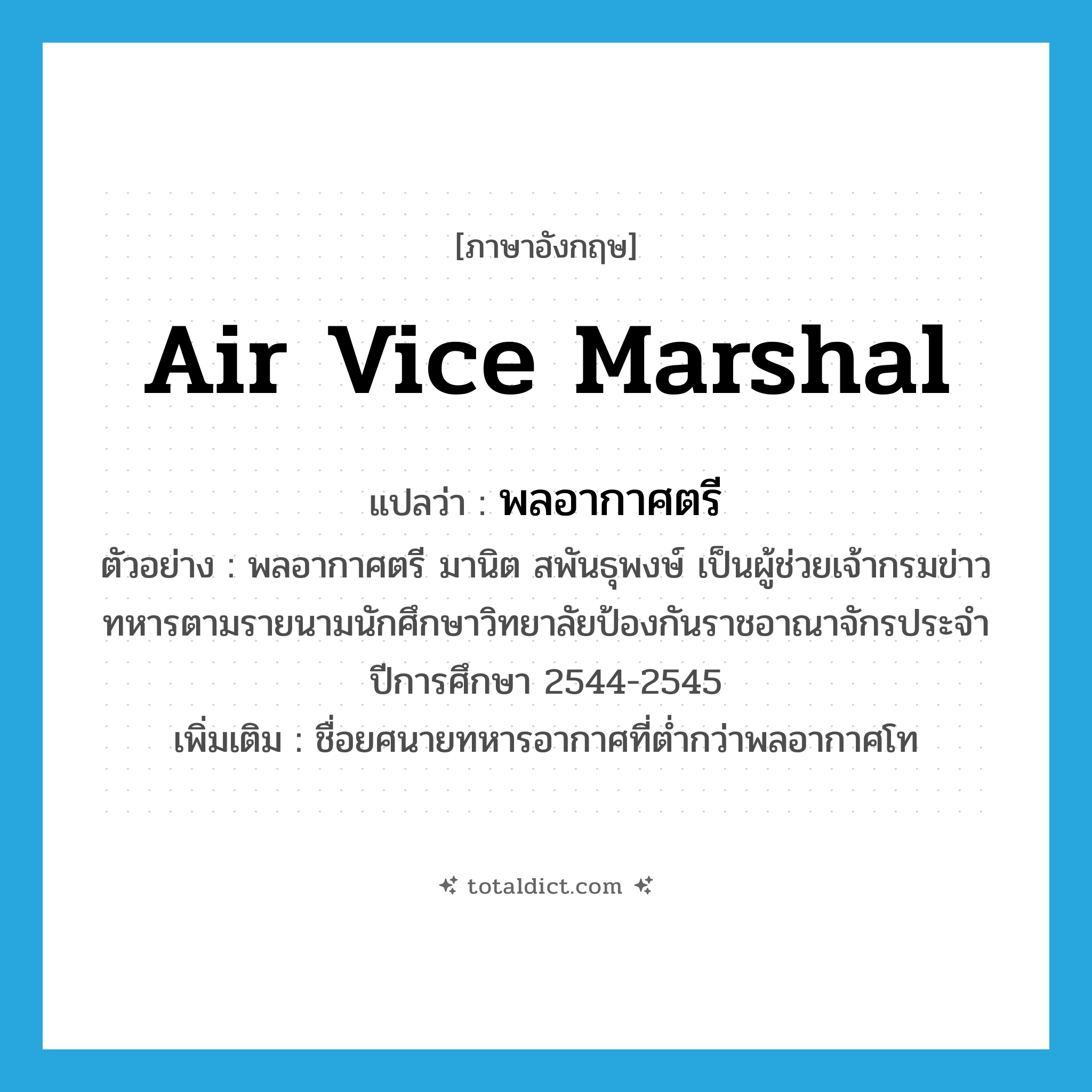 Air Vice Marshal แปลว่า?, คำศัพท์ภาษาอังกฤษ Air Vice Marshal แปลว่า พลอากาศตรี ประเภท N ตัวอย่าง พลอากาศตรี มานิต สพันธุพงษ์ เป็นผู้ช่วยเจ้ากรมข่าวทหารตามรายนามนักศึกษาวิทยาลัยป้องกันราชอาณาจักรประจำปีการศึกษา 2544-2545 เพิ่มเติม ชื่อยศนายทหารอากาศที่ต่ำกว่าพลอากาศโท หมวด N