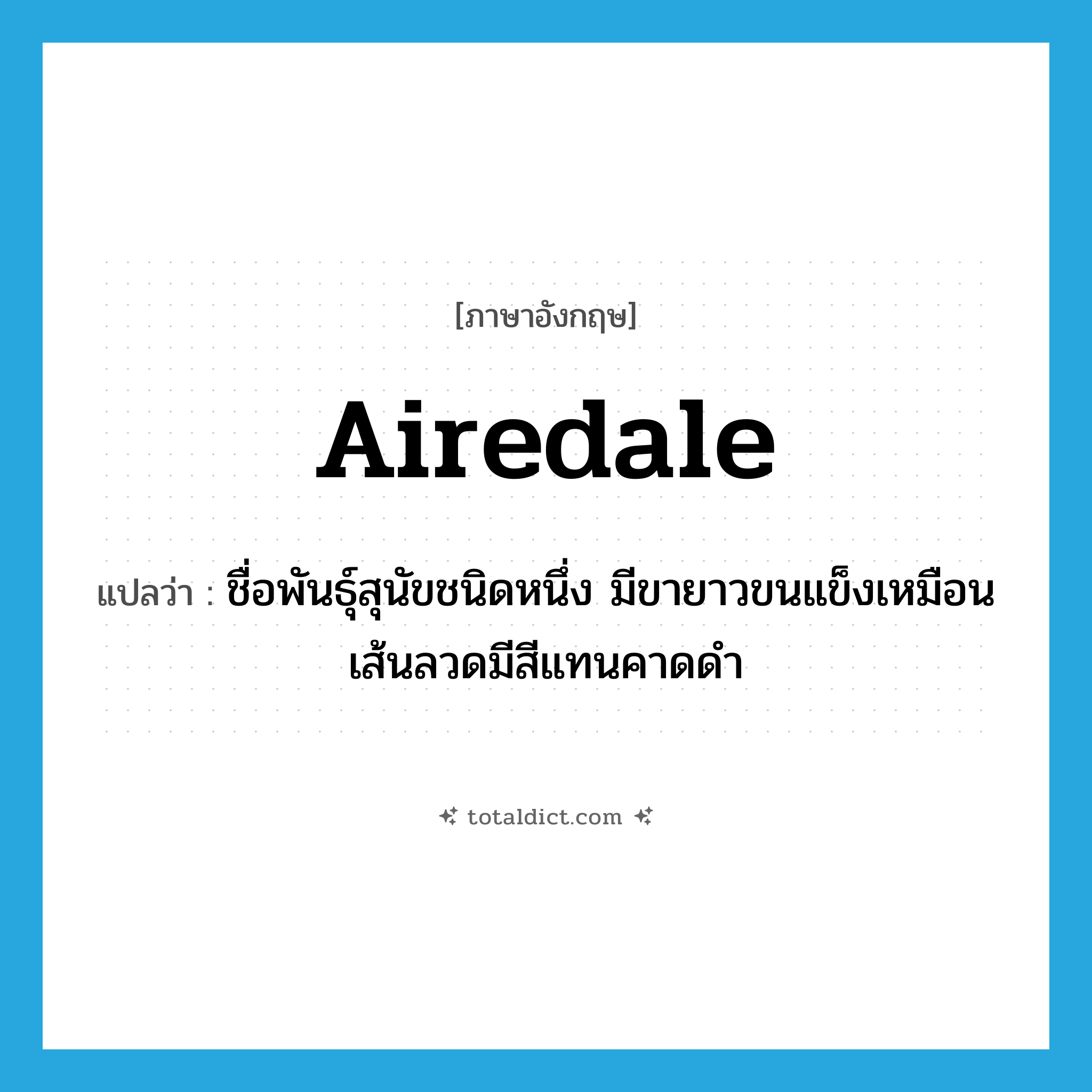 Airedale แปลว่า?, คำศัพท์ภาษาอังกฤษ Airedale แปลว่า ชื่อพันธุ์สุนัขชนิดหนึ่ง มีขายาวขนแข็งเหมือนเส้นลวดมีสีแทนคาดดำ ประเภท N หมวด N