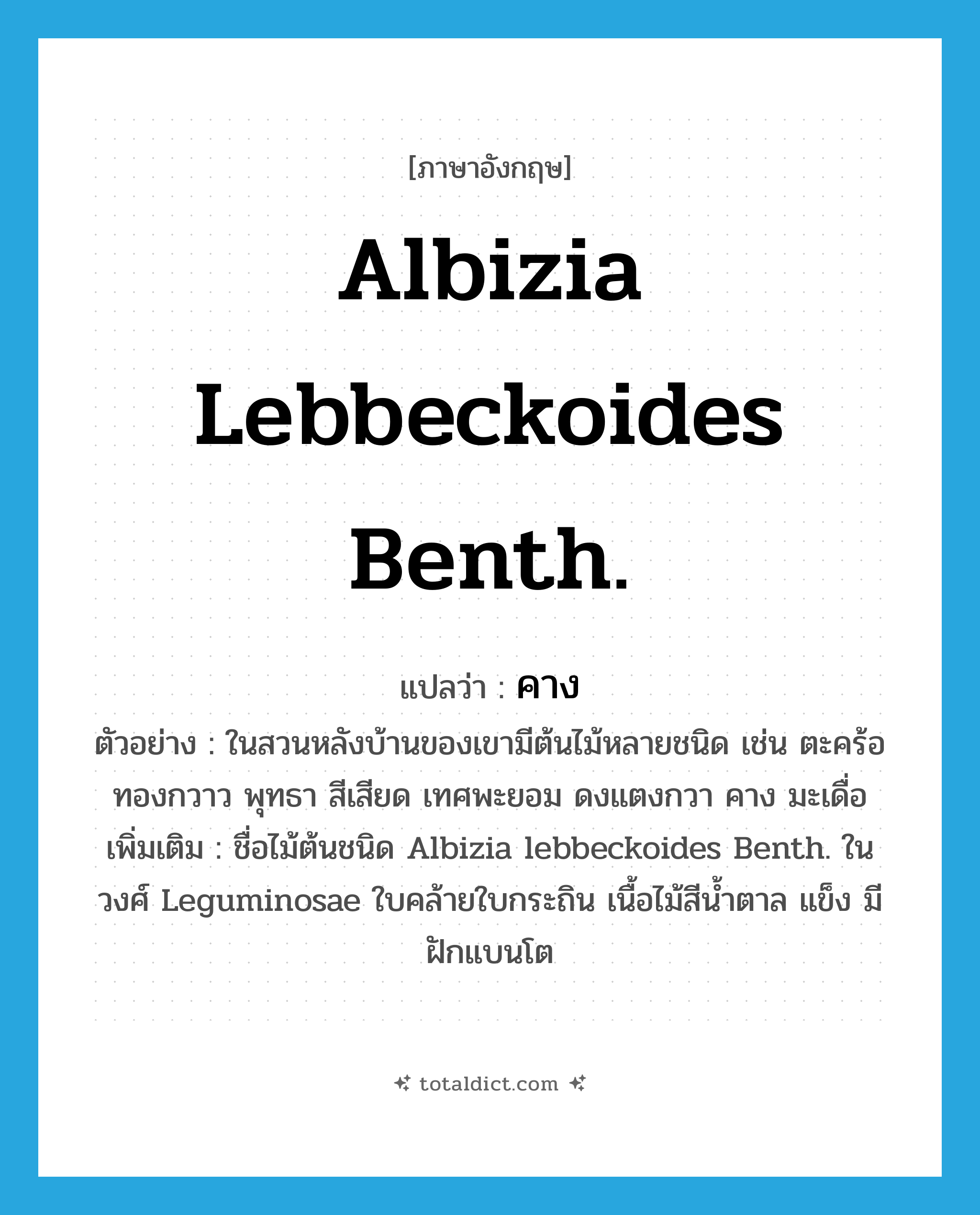 คาง ภาษาอังกฤษ?, คำศัพท์ภาษาอังกฤษ คาง แปลว่า Albizia lebbeckoides Benth. ประเภท N ตัวอย่าง ในสวนหลังบ้านของเขามีต้นไม้หลายชนิด เช่น ตะคร้อ ทองกวาว พุทธา สีเสียด เทศพะยอม ดงแตงกวา คาง มะเดื่อ เพิ่มเติม ชื่อไม้ต้นชนิด Albizia lebbeckoides Benth. ในวงศ์ Leguminosae ใบคล้ายใบกระถิน เนื้อไม้สีน้ำตาล แข็ง มีฝักแบนโต หมวด N