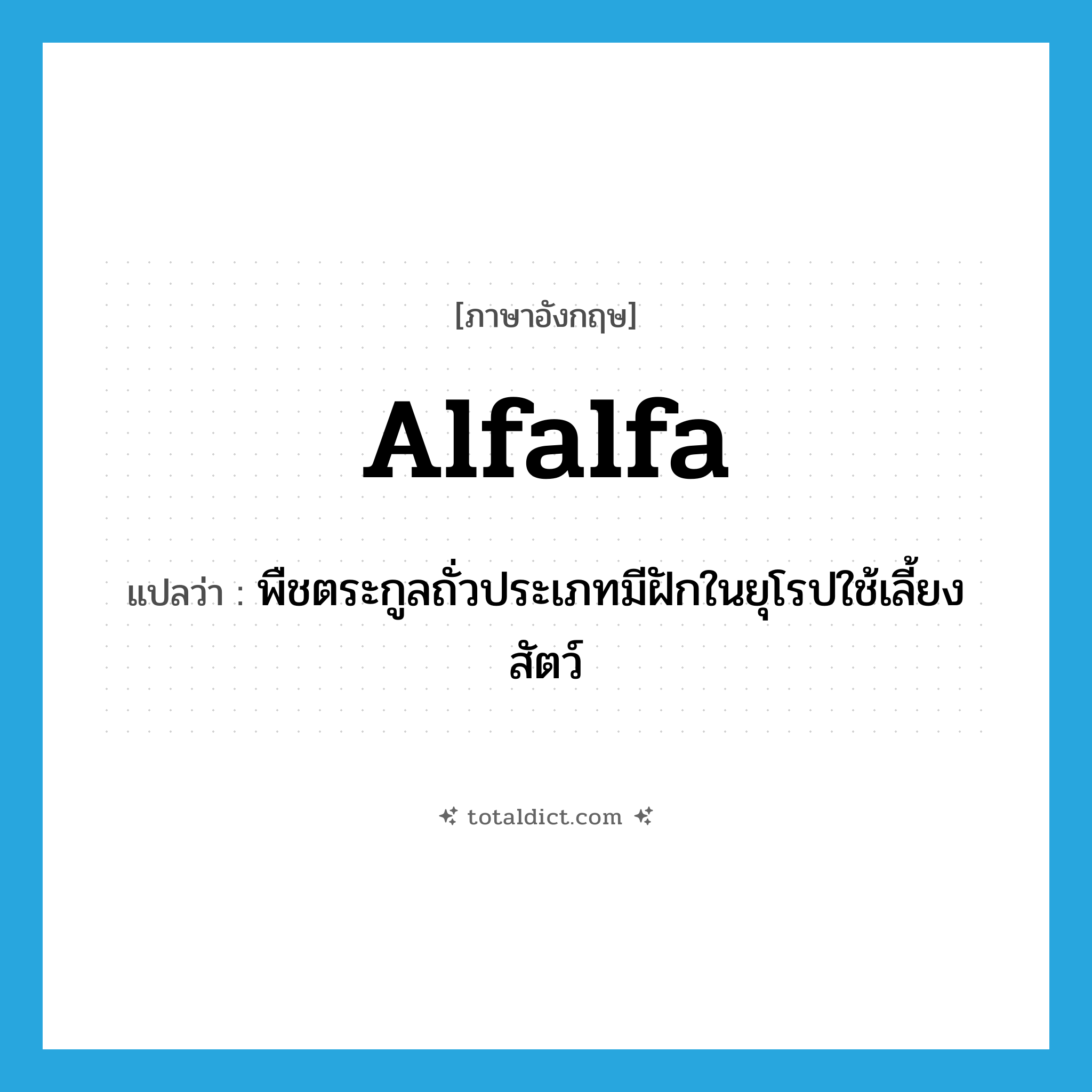 alfalfa แปลว่า?, คำศัพท์ภาษาอังกฤษ alfalfa แปลว่า พืชตระกูลถั่วประเภทมีฝักในยุโรปใช้เลี้ยงสัตว์ ประเภท N หมวด N