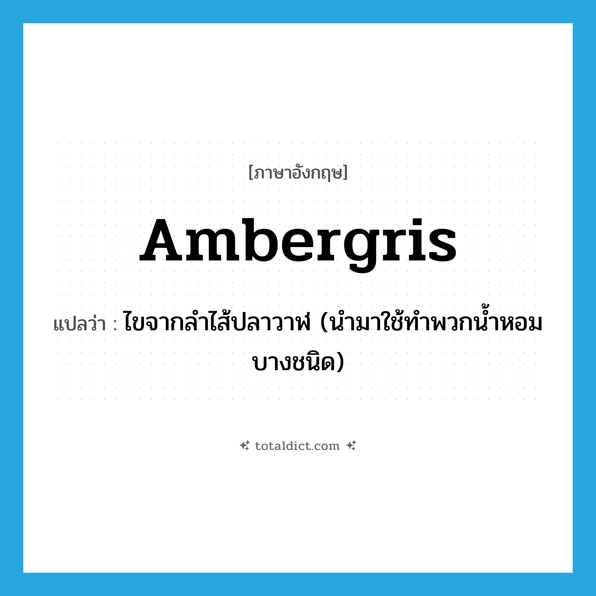 ambergris แปลว่า?, คำศัพท์ภาษาอังกฤษ ambergris แปลว่า ไขจากลำไส้ปลาวาฬ (นำมาใช้ทำพวกน้ำหอมบางชนิด) ประเภท N หมวด N