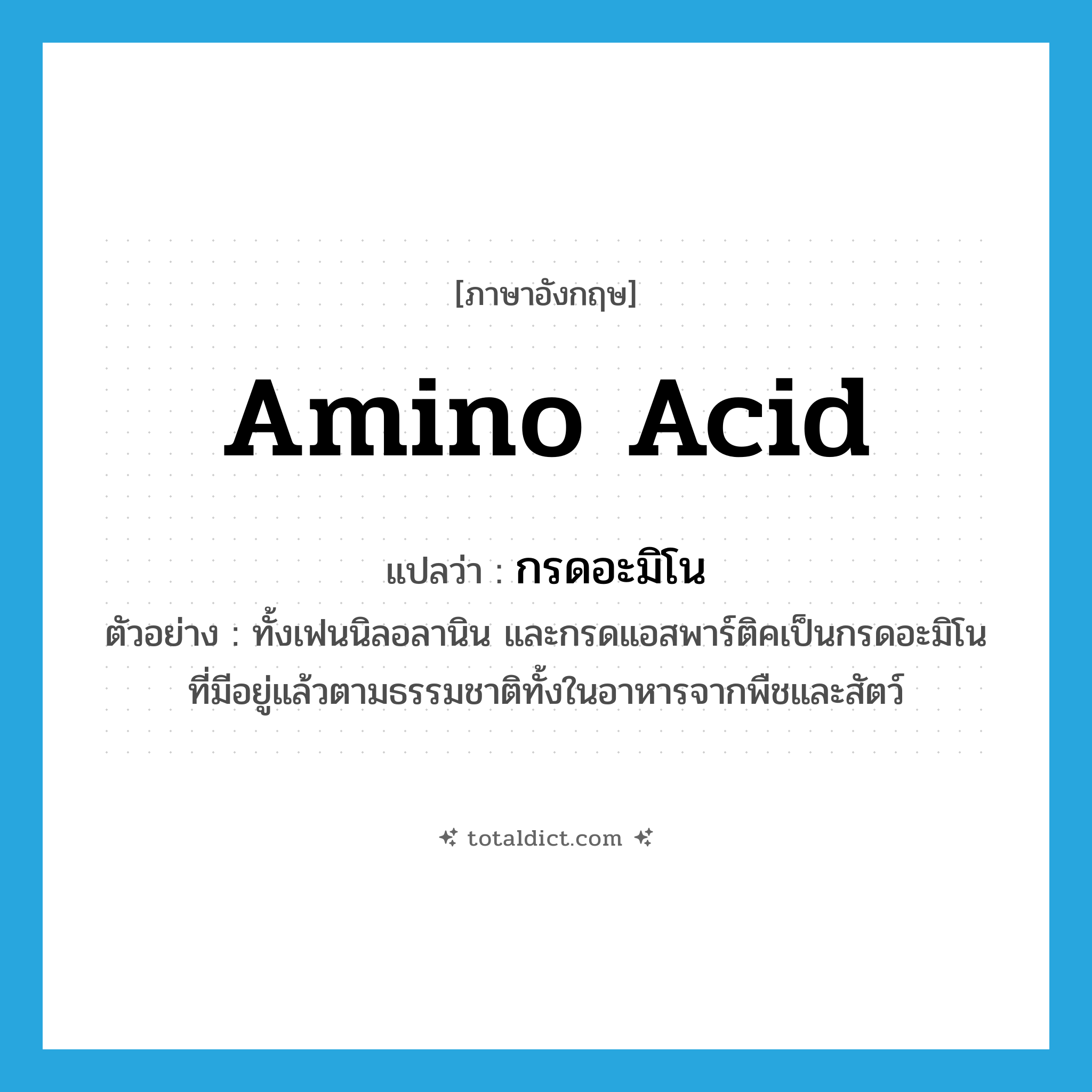 amino acid แปลว่า?, คำศัพท์ภาษาอังกฤษ amino acid แปลว่า กรดอะมิโน ประเภท N ตัวอย่าง ทั้งเฟนนิลอลานิน และกรดแอสพาร์ติคเป็นกรดอะมิโนที่มีอยู่แล้วตามธรรมชาติทั้งในอาหารจากพืชและสัตว์ หมวด N