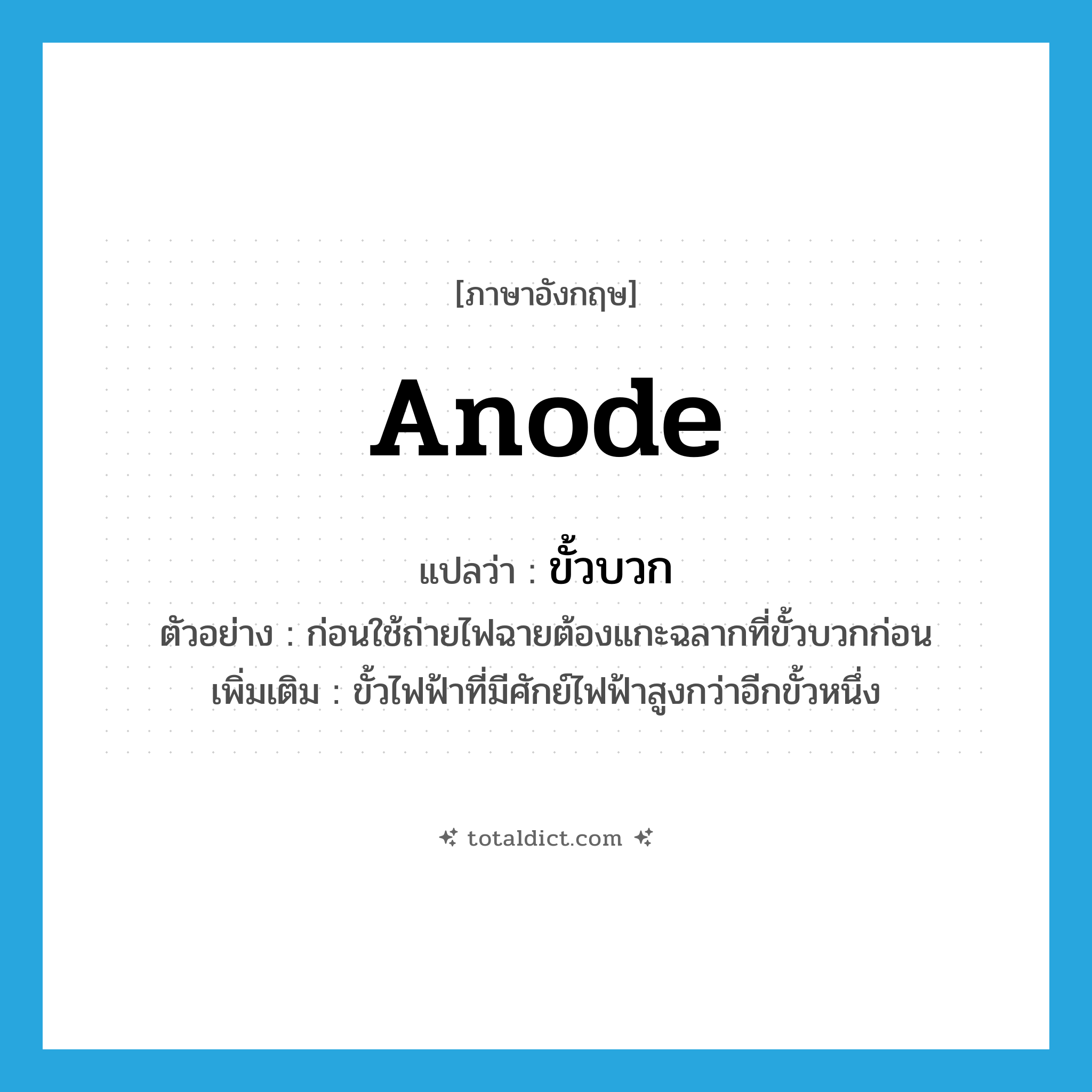 anode แปลว่า?, คำศัพท์ภาษาอังกฤษ anode แปลว่า ขั้วบวก ประเภท N ตัวอย่าง ก่อนใช้ถ่ายไฟฉายต้องแกะฉลากที่ขั้วบวกก่อน เพิ่มเติม ขั้วไฟฟ้าที่มีศักย์ไฟฟ้าสูงกว่าอีกขั้วหนึ่ง หมวด N