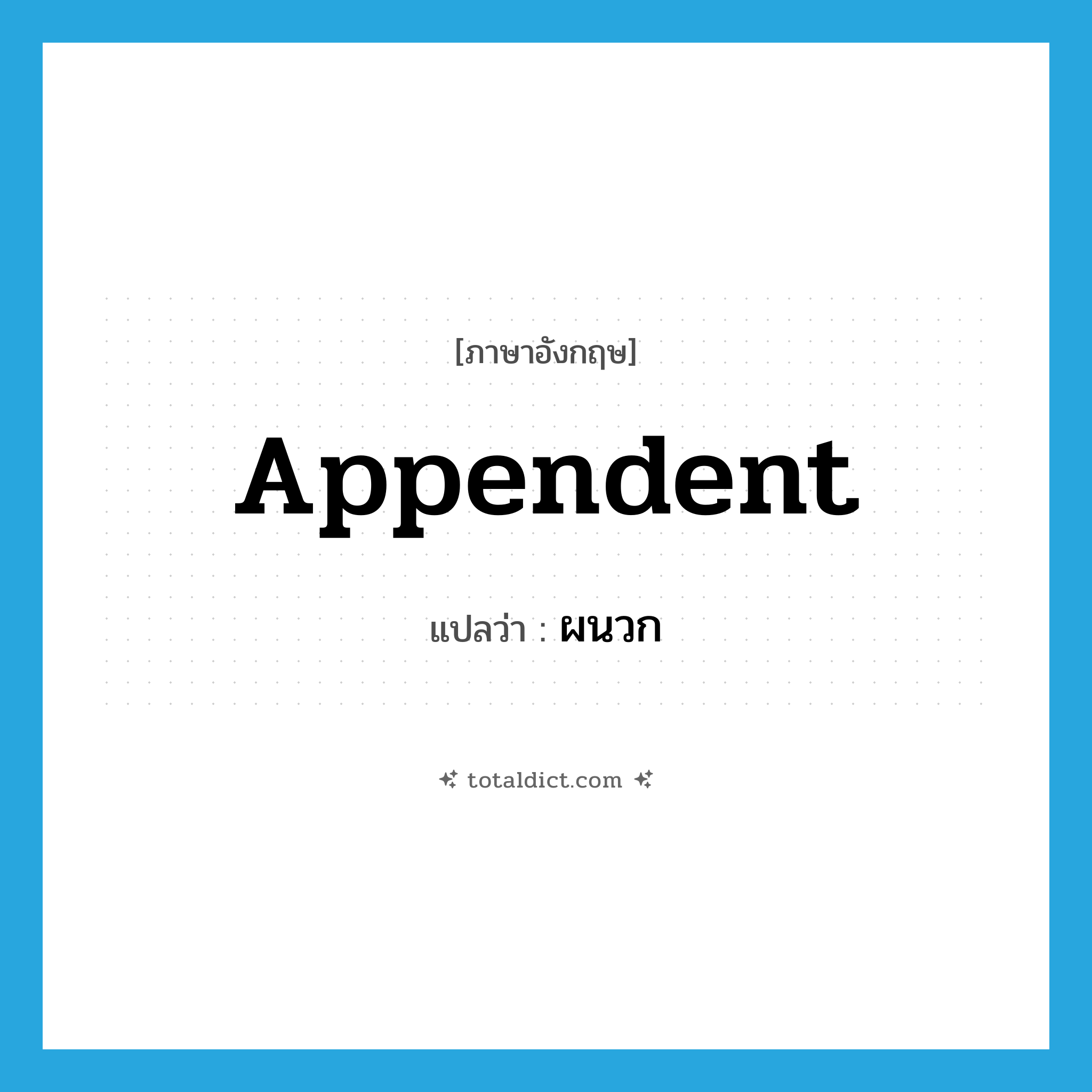 appendent แปลว่า?, คำศัพท์ภาษาอังกฤษ appendent แปลว่า ผนวก ประเภท ADJ หมวด ADJ