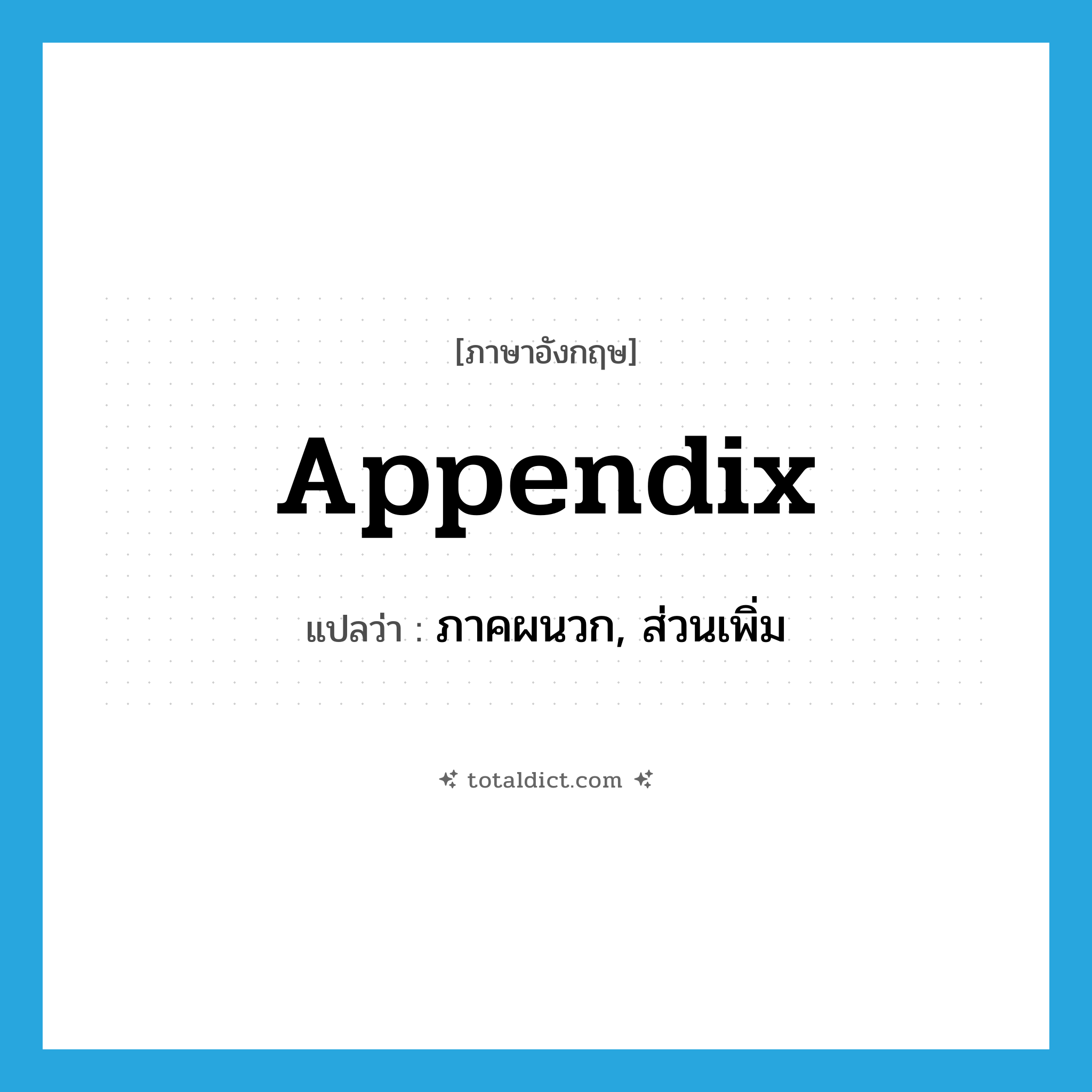 appendix แปลว่า?, คำศัพท์ภาษาอังกฤษ appendix แปลว่า ภาคผนวก, ส่วนเพิ่ม ประเภท N หมวด N