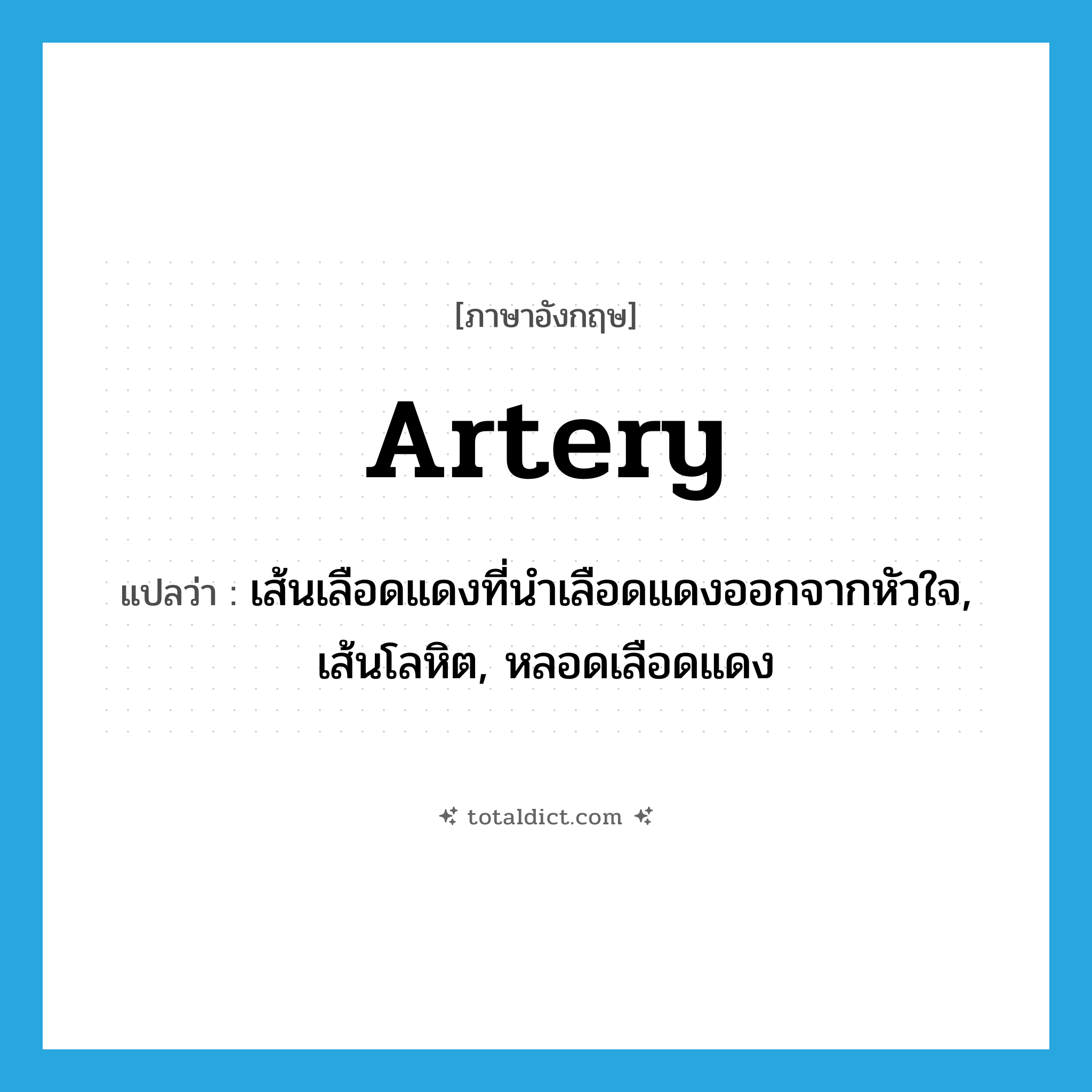artery แปลว่า?, คำศัพท์ภาษาอังกฤษ artery แปลว่า เส้นเลือดแดงที่นำเลือดแดงออกจากหัวใจ, เส้นโลหิต, หลอดเลือดแดง ประเภท N หมวด N