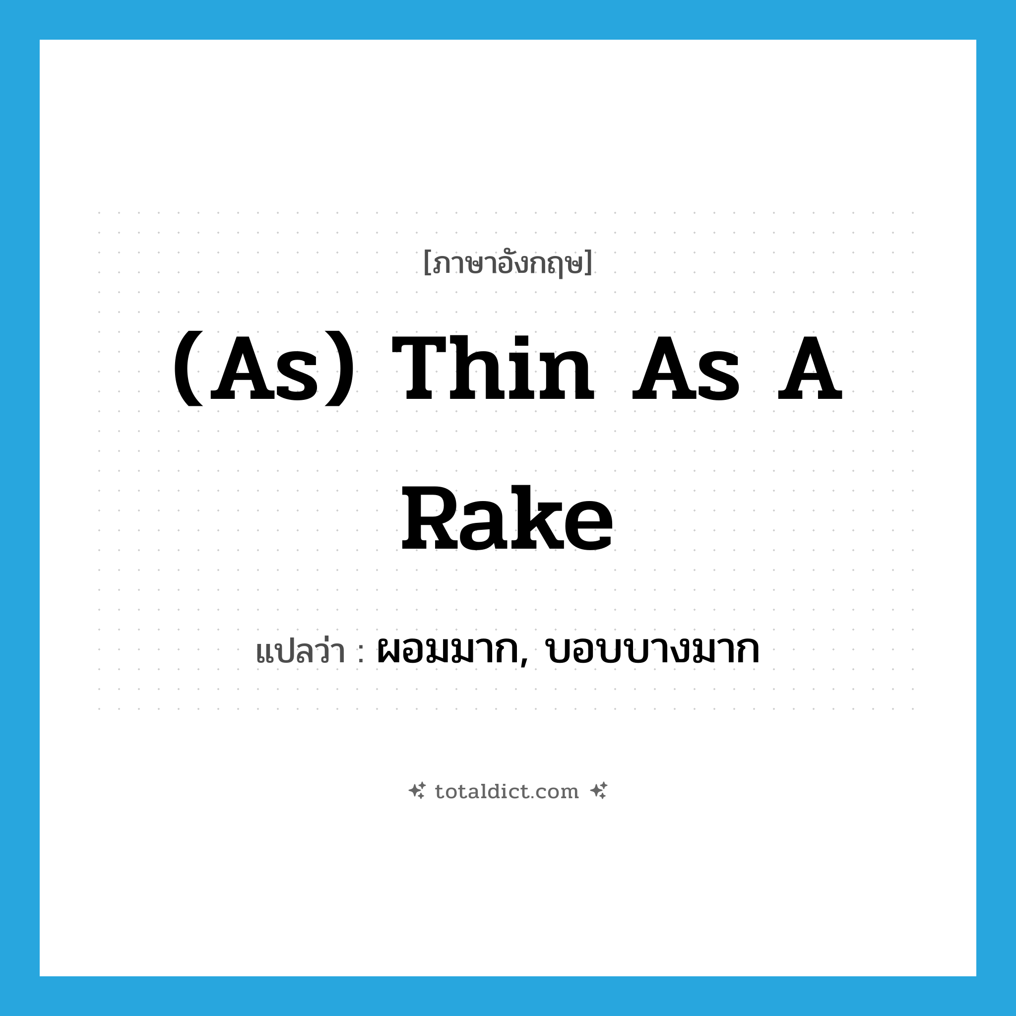 (as) thin as a rake แปลว่า?, คำศัพท์ภาษาอังกฤษ (as) thin as a rake แปลว่า ผอมมาก, บอบบางมาก ประเภท IDM หมวด IDM