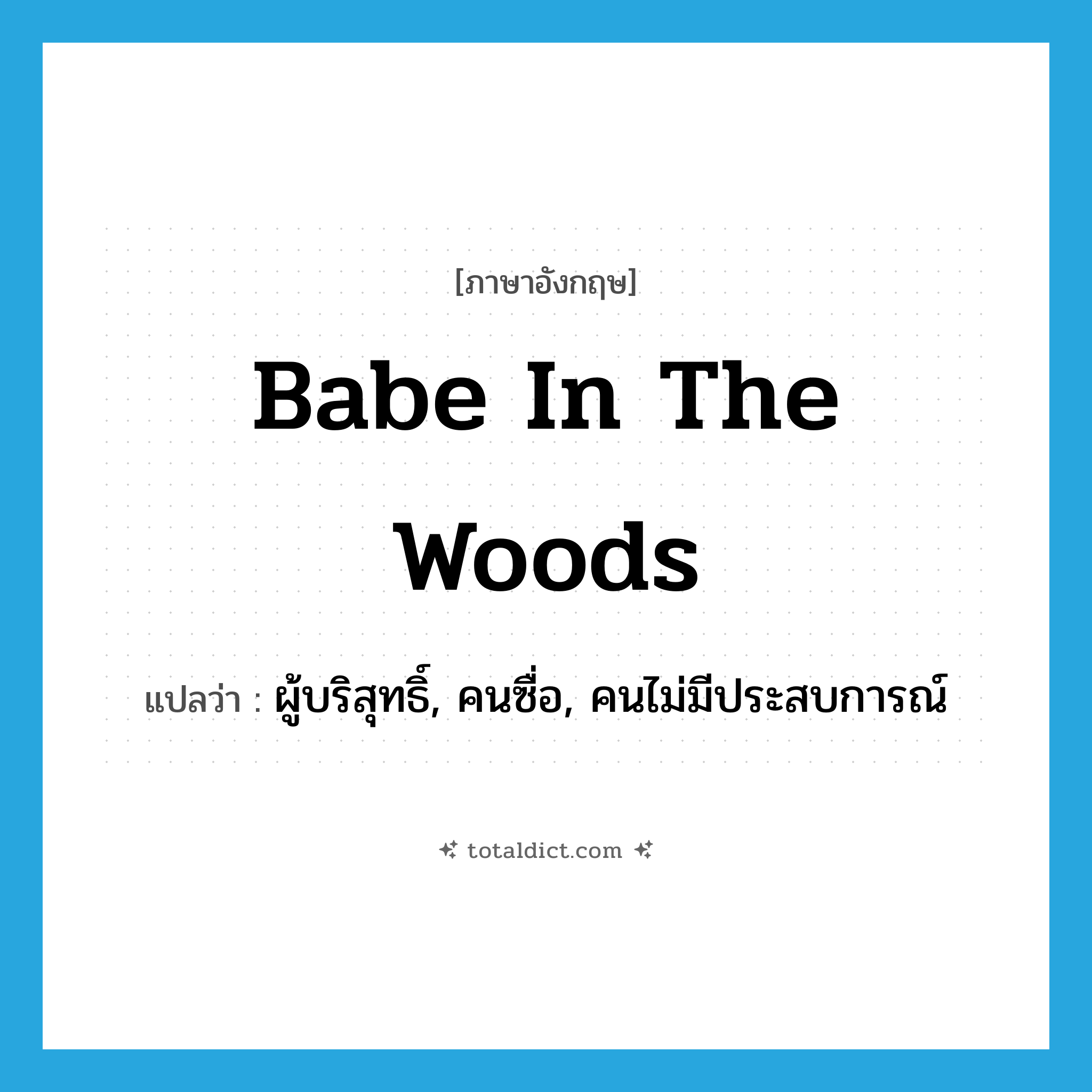 babe in the woods แปลว่า?, คำศัพท์ภาษาอังกฤษ babe in the woods แปลว่า ผู้บริสุทธิ์, คนซื่อ, คนไม่มีประสบการณ์ ประเภท IDM หมวด IDM