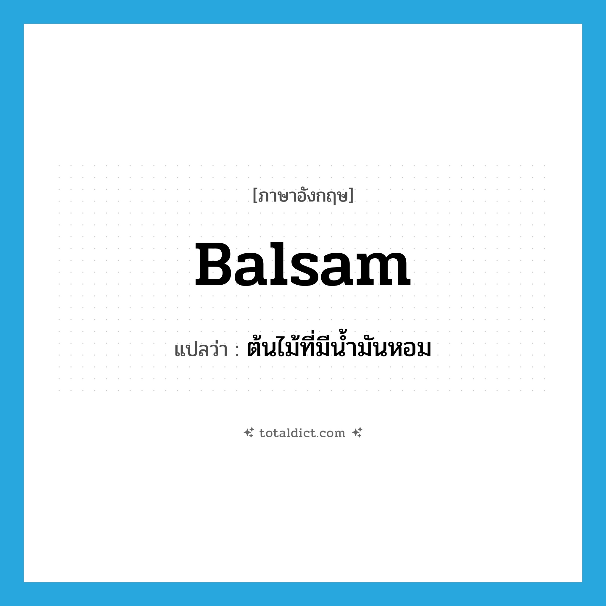 balsam แปลว่า?, คำศัพท์ภาษาอังกฤษ balsam แปลว่า ต้นไม้ที่มีน้ำมันหอม ประเภท N หมวด N