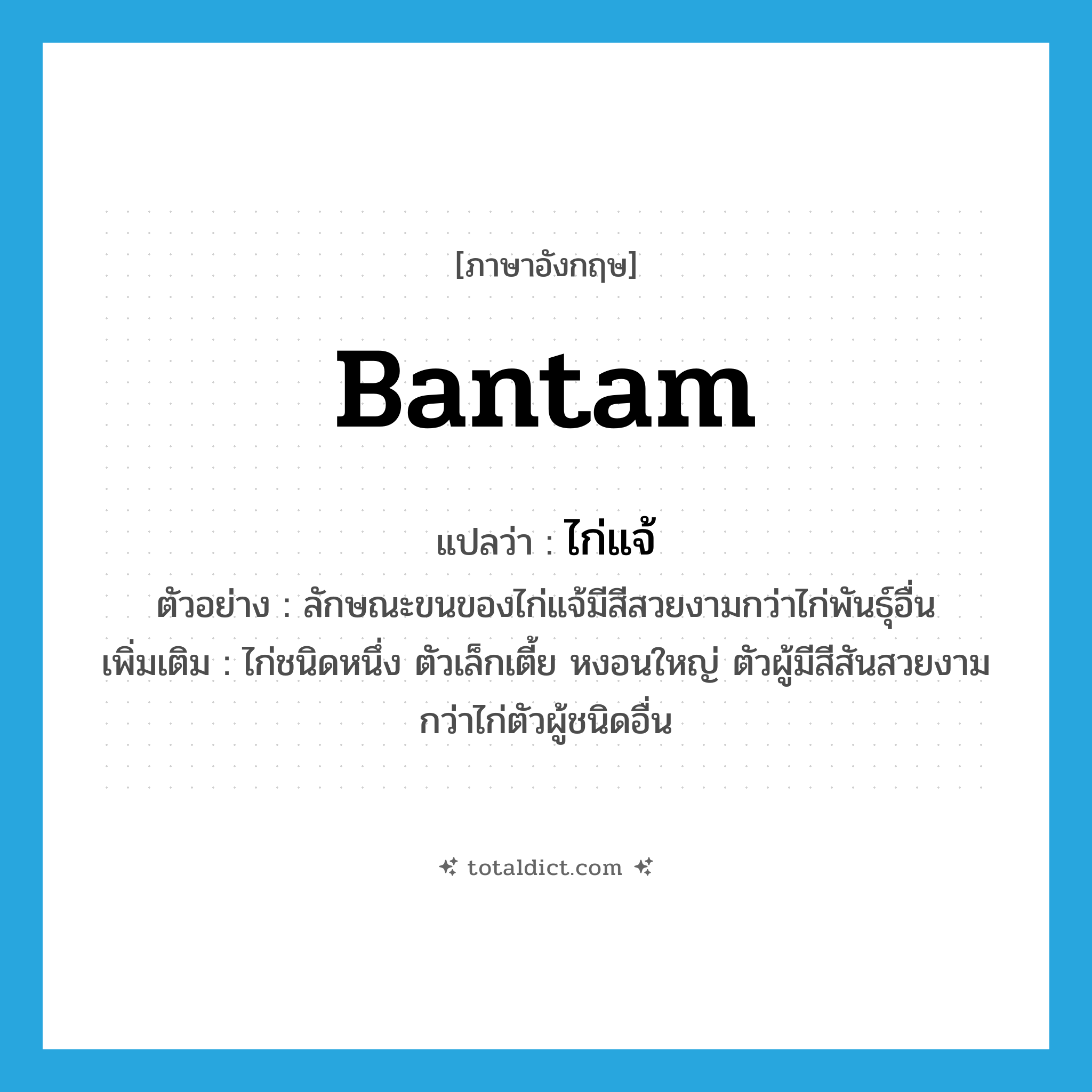 bantam แปลว่า?, คำศัพท์ภาษาอังกฤษ bantam แปลว่า ไก่แจ้ ประเภท N ตัวอย่าง ลักษณะขนของไก่แจ้มีสีสวยงามกว่าไก่พันธุ์อื่น เพิ่มเติม ไก่ชนิดหนึ่ง ตัวเล็กเตี้ย หงอนใหญ่ ตัวผู้มีสีสันสวยงามกว่าไก่ตัวผู้ชนิดอื่น หมวด N