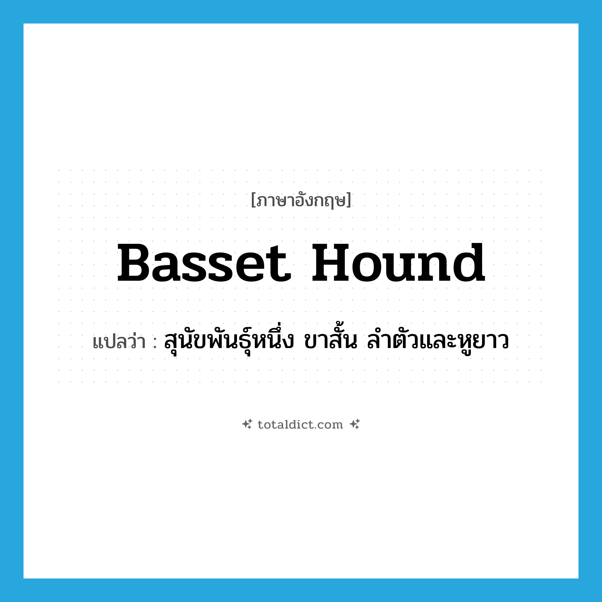 basset hound แปลว่า?, คำศัพท์ภาษาอังกฤษ basset hound แปลว่า สุนัขพันธุ์หนึ่ง ขาสั้น ลำตัวและหูยาว ประเภท N หมวด N