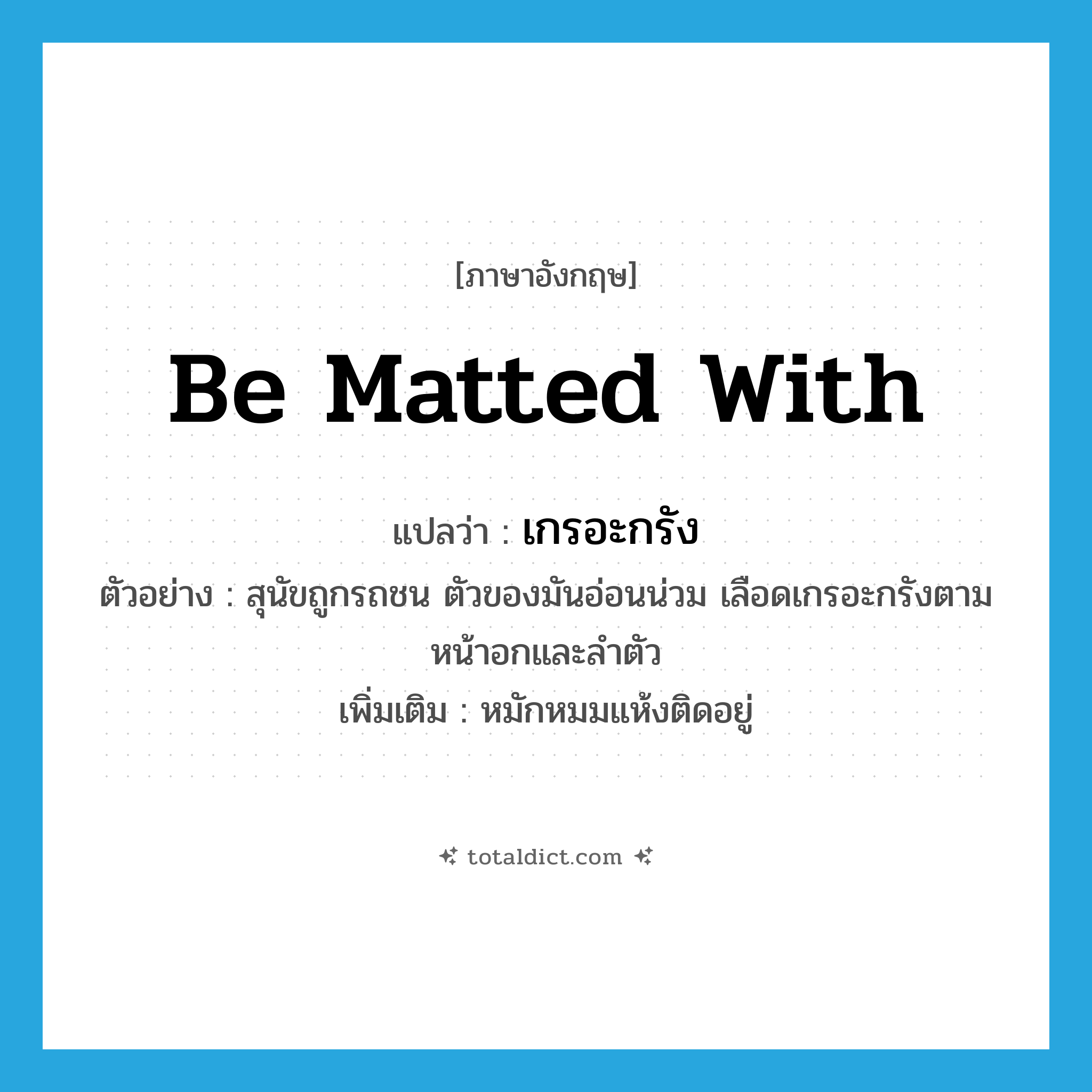 be matted with แปลว่า?, คำศัพท์ภาษาอังกฤษ be matted with แปลว่า เกรอะกรัง ประเภท V ตัวอย่าง สุนัขถูกรถชน ตัวของมันอ่อนน่วม เลือดเกรอะกรังตามหน้าอกและลำตัว เพิ่มเติม หมักหมมแห้งติดอยู่ หมวด V