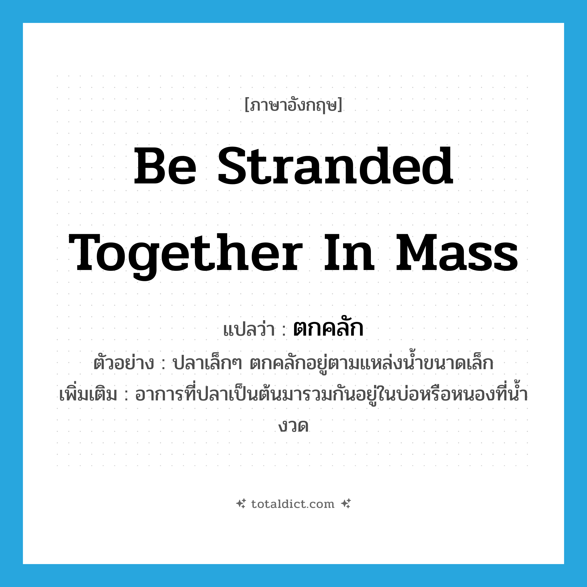 ตกคลัก ภาษาอังกฤษ?, คำศัพท์ภาษาอังกฤษ ตกคลัก แปลว่า be stranded together in mass ประเภท V ตัวอย่าง ปลาเล็กๆ ตกคลักอยู่ตามแหล่งน้ำขนาดเล็ก เพิ่มเติม อาการที่ปลาเป็นต้นมารวมกันอยู่ในบ่อหรือหนองที่น้ำงวด หมวด V