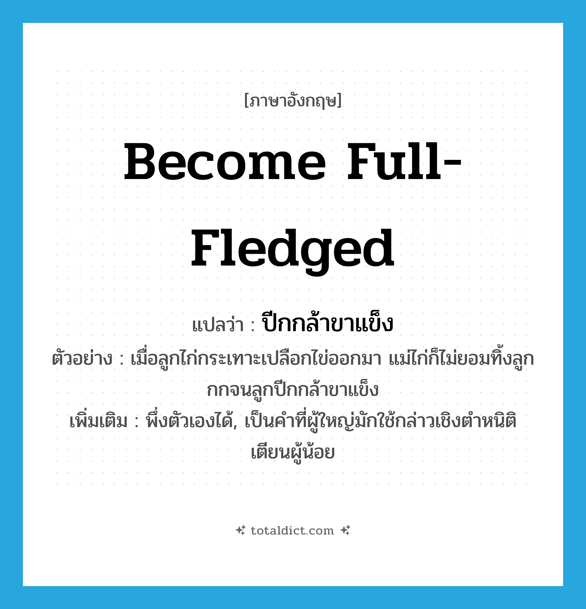 become full-fledged แปลว่า?, คำศัพท์ภาษาอังกฤษ become full-fledged แปลว่า ปีกกล้าขาแข็ง ประเภท V ตัวอย่าง เมื่อลูกไก่กระเทาะเปลือกไข่ออกมา แม่ไก่ก็ไม่ยอมทิ้งลูก กกจนลูกปีกกล้าขาแข็ง เพิ่มเติม พึ่งตัวเองได้, เป็นคำที่ผู้ใหญ่มักใช้กล่าวเชิงตำหนิติเตียนผู้น้อย หมวด V