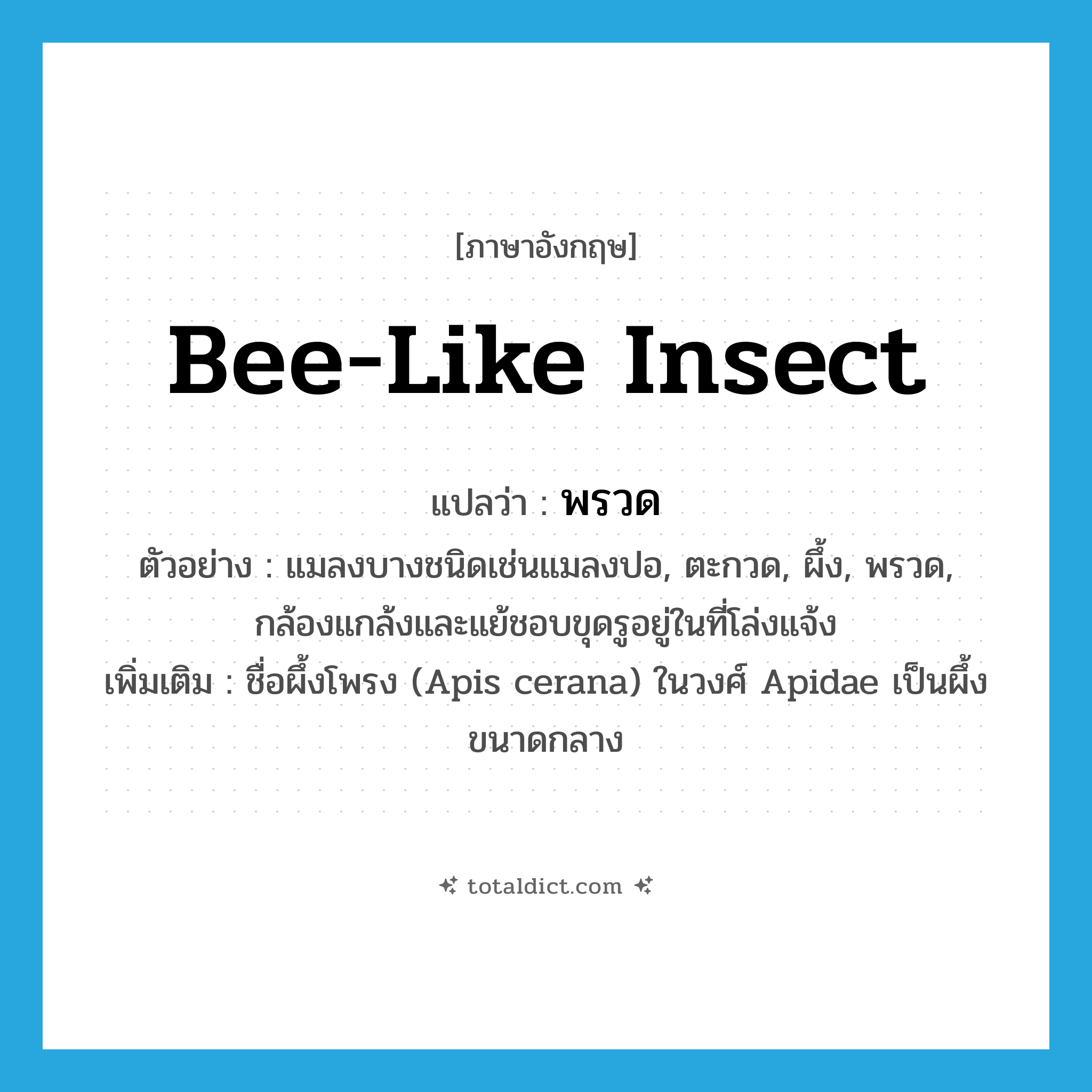 พรวด ภาษาอังกฤษ?, คำศัพท์ภาษาอังกฤษ พรวด แปลว่า bee-like insect ประเภท N ตัวอย่าง แมลงบางชนิดเช่นแมลงปอ, ตะกวด, ผึ้ง, พรวด, กล้องแกล้งและแย้ชอบขุดรูอยู่ในที่โล่งแจ้ง เพิ่มเติม ชื่อผึ้งโพรง (Apis cerana) ในวงศ์ Apidae เป็นผึ้งขนาดกลาง หมวด N