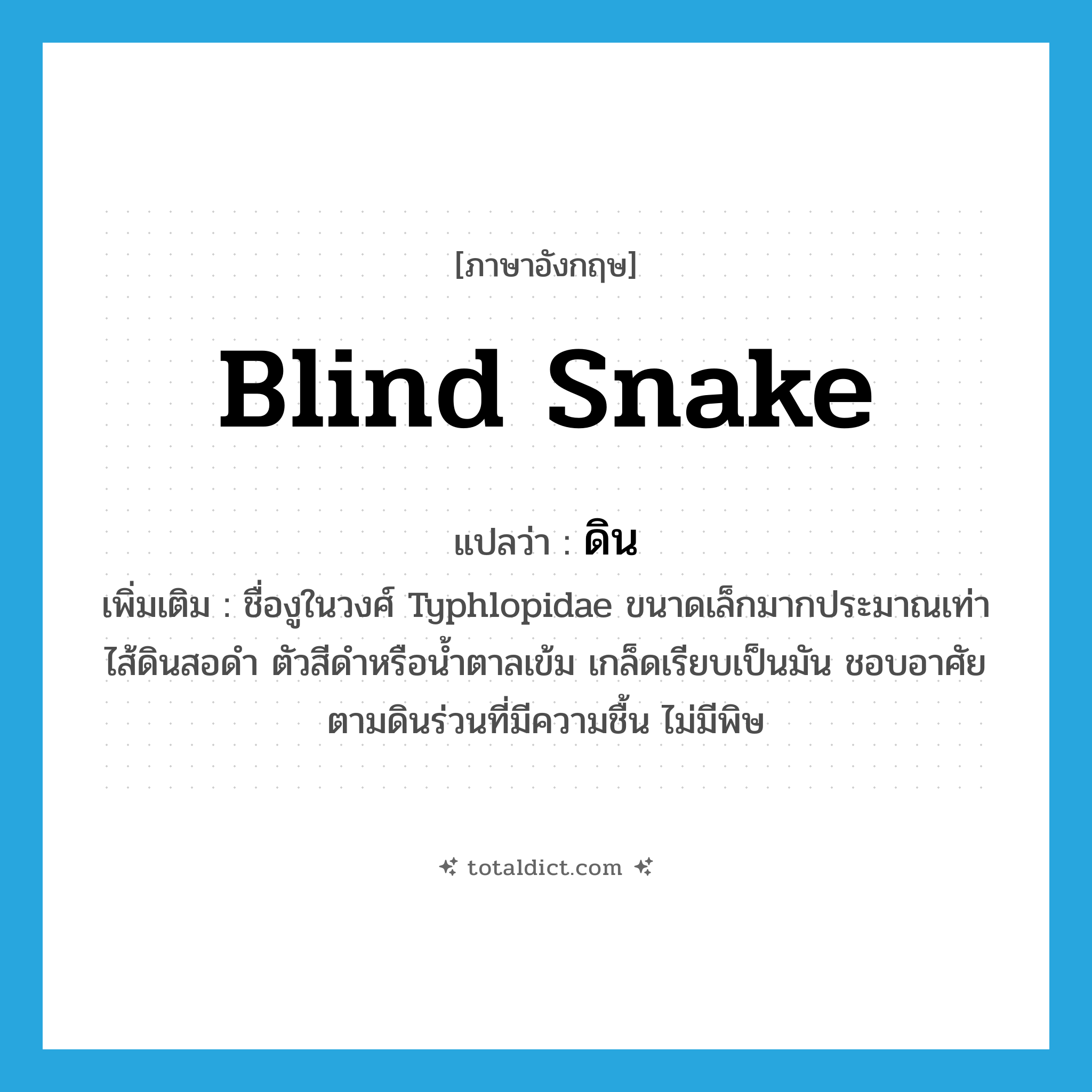 ดิน ภาษาอังกฤษ?, คำศัพท์ภาษาอังกฤษ ดิน แปลว่า blind snake ประเภท N เพิ่มเติม ชื่องูในวงศ์ Typhlopidae ขนาดเล็กมากประมาณเท่าไส้ดินสอดำ ตัวสีดำหรือน้ำตาลเข้ม เกล็ดเรียบเป็นมัน ชอบอาศัยตามดินร่วนที่มีความชื้น ไม่มีพิษ หมวด N