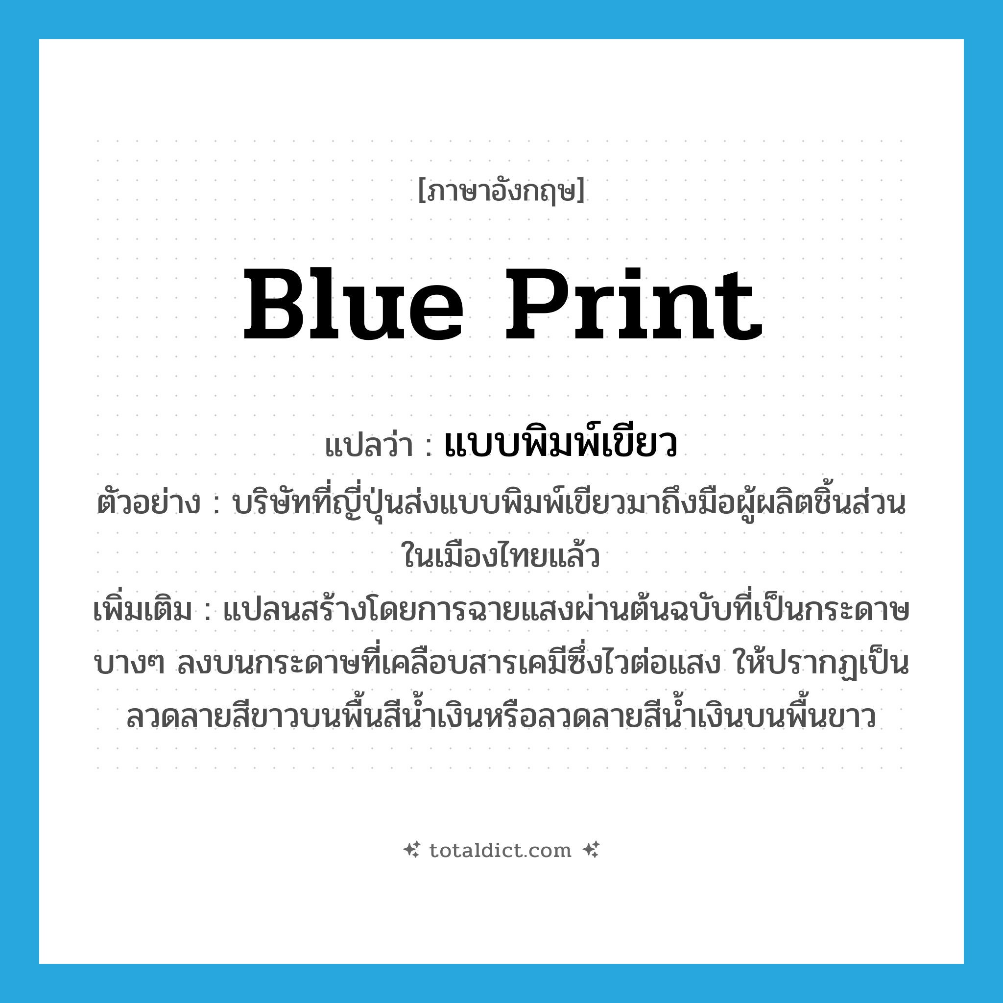blue print แปลว่า?, คำศัพท์ภาษาอังกฤษ blue print แปลว่า แบบพิมพ์เขียว ประเภท N ตัวอย่าง บริษัทที่ญี่ปุ่นส่งแบบพิมพ์เขียวมาถึงมือผู้ผลิตชิ้นส่วนในเมืองไทยแล้ว เพิ่มเติม แปลนสร้างโดยการฉายแสงผ่านต้นฉบับที่เป็นกระดาษบางๆ ลงบนกระดาษที่เคลือบสารเคมีซึ่งไวต่อแสง ให้ปรากฏเป็นลวดลายสีขาวบนพื้นสีน้ำเงินหรือลวดลายสีน้ำเงินบนพื้นขาว หมวด N