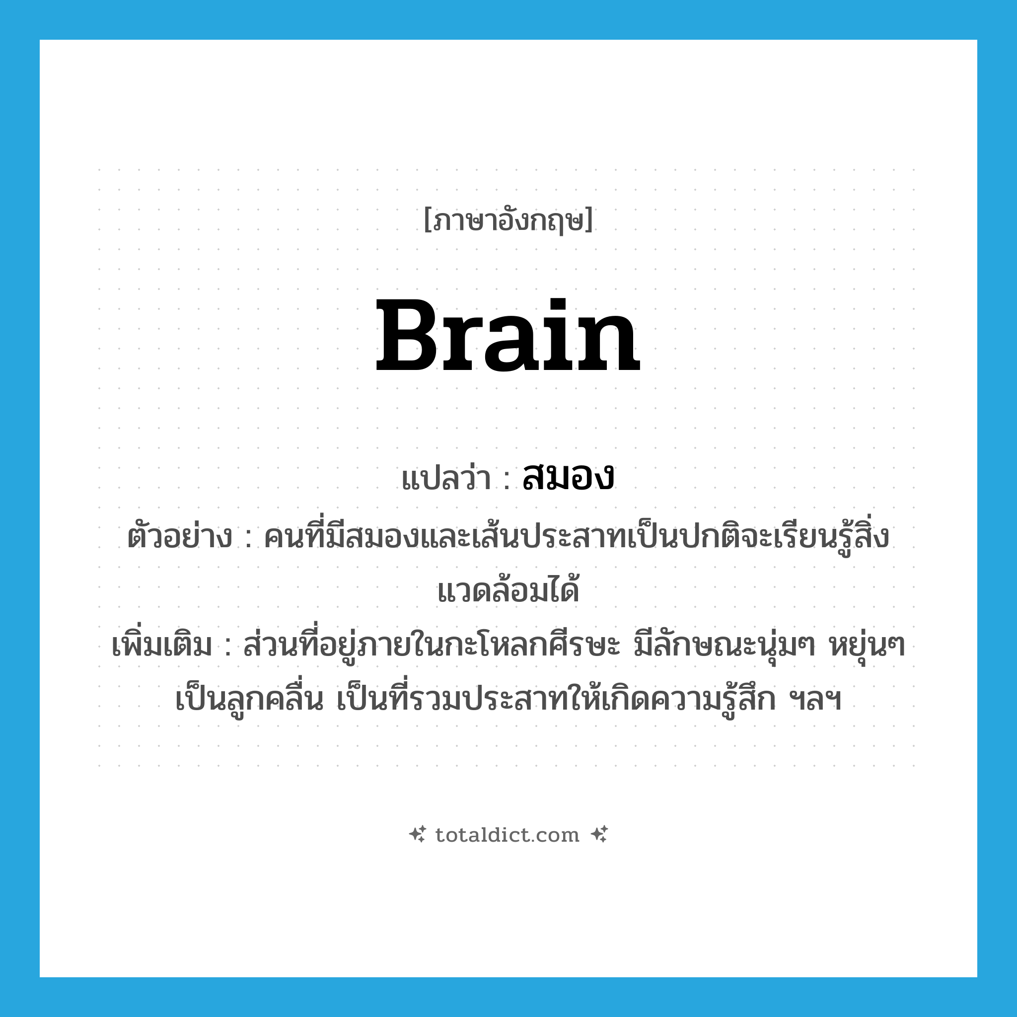 สมอง ภาษาอังกฤษ?, คำศัพท์ภาษาอังกฤษ สมอง แปลว่า brain ประเภท N ตัวอย่าง คนที่มีสมองและเส้นประสาทเป็นปกติจะเรียนรู้สิ่งแวดล้อมได้ เพิ่มเติม ส่วนที่อยู่ภายในกะโหลกศีรษะ มีลักษณะนุ่มๆ หยุ่นๆ เป็นลูกคลื่น เป็นที่รวมประสาทให้เกิดความรู้สึก ฯลฯ หมวด N