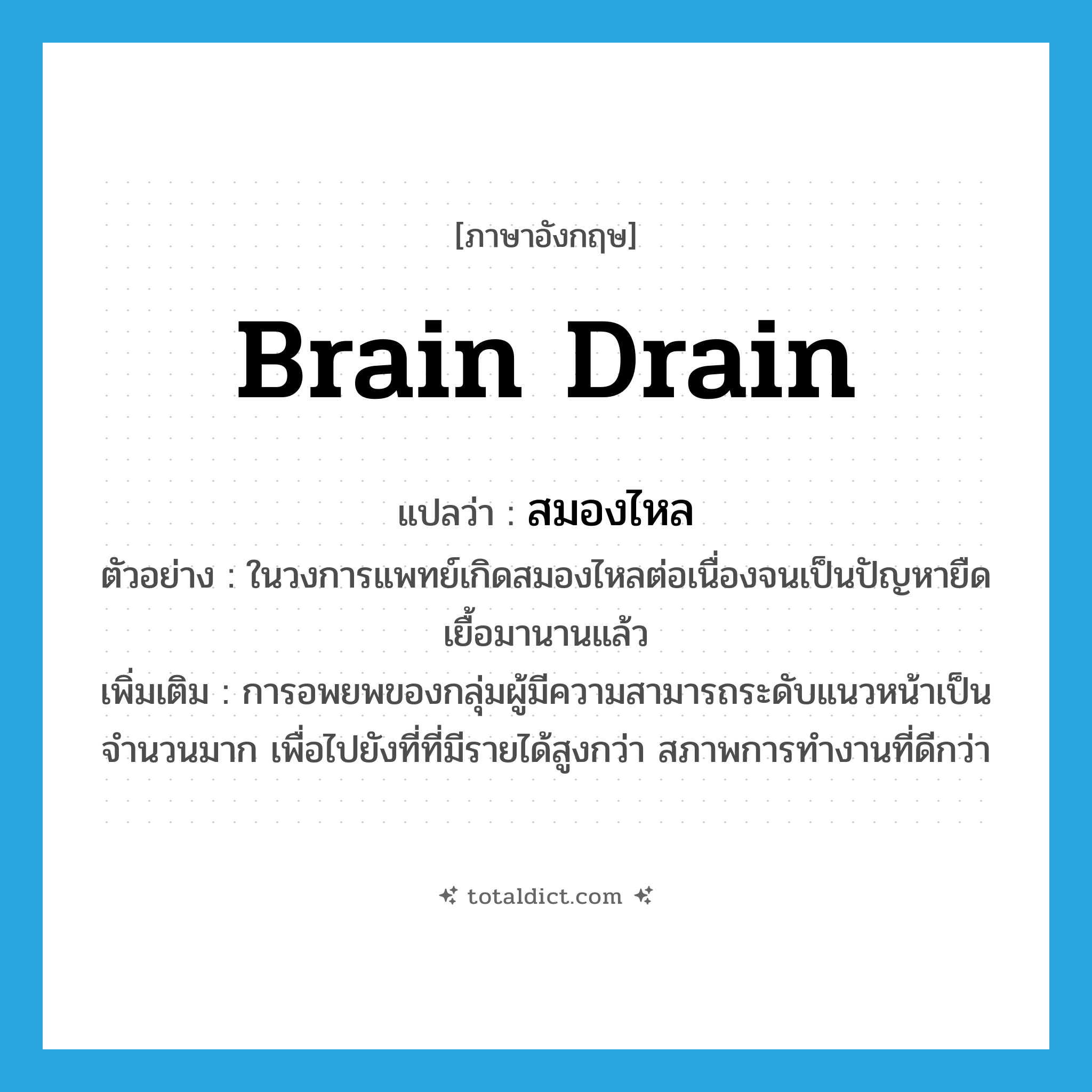 brain drain แปลว่า?, คำศัพท์ภาษาอังกฤษ brain drain แปลว่า สมองไหล ประเภท N ตัวอย่าง ในวงการแพทย์เกิดสมองไหลต่อเนื่องจนเป็นปัญหายืดเยื้อมานานแล้ว เพิ่มเติม การอพยพของกลุ่มผู้มีความสามารถระดับแนวหน้าเป็นจำนวนมาก เพื่อไปยังที่ที่มีรายได้สูงกว่า สภาพการทำงานที่ดีกว่า หมวด N