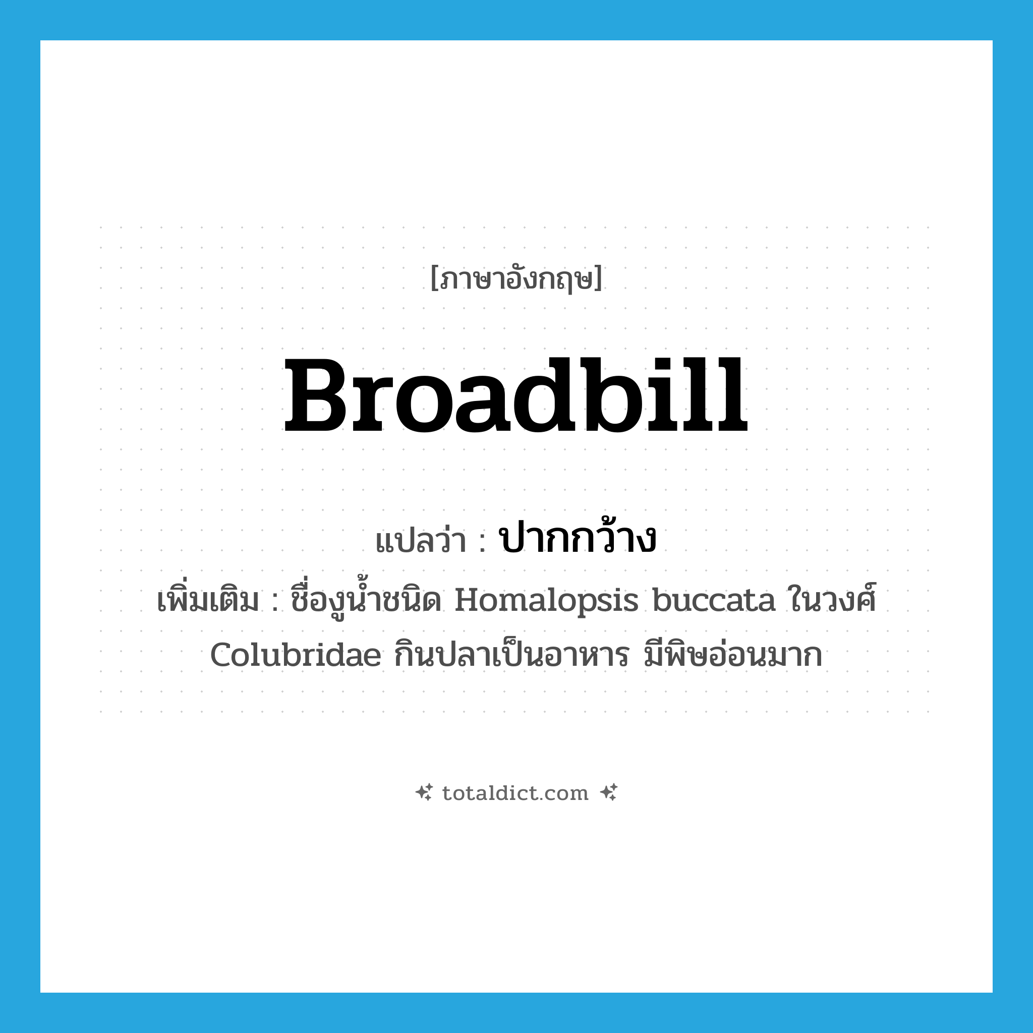 broadbill แปลว่า?, คำศัพท์ภาษาอังกฤษ broadbill แปลว่า ปากกว้าง ประเภท N เพิ่มเติม ชื่องูน้ำชนิด Homalopsis buccata ในวงศ์ Colubridae กินปลาเป็นอาหาร มีพิษอ่อนมาก หมวด N