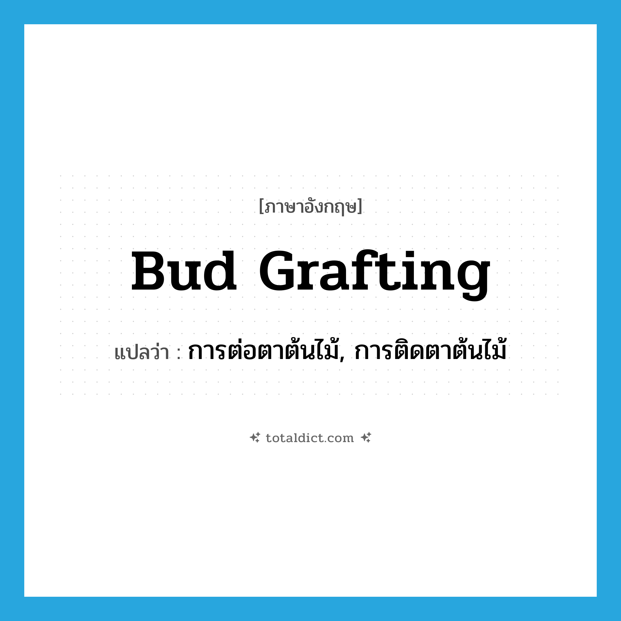 bud grafting แปลว่า?, คำศัพท์ภาษาอังกฤษ bud grafting แปลว่า การต่อตาต้นไม้, การติดตาต้นไม้ ประเภท N หมวด N