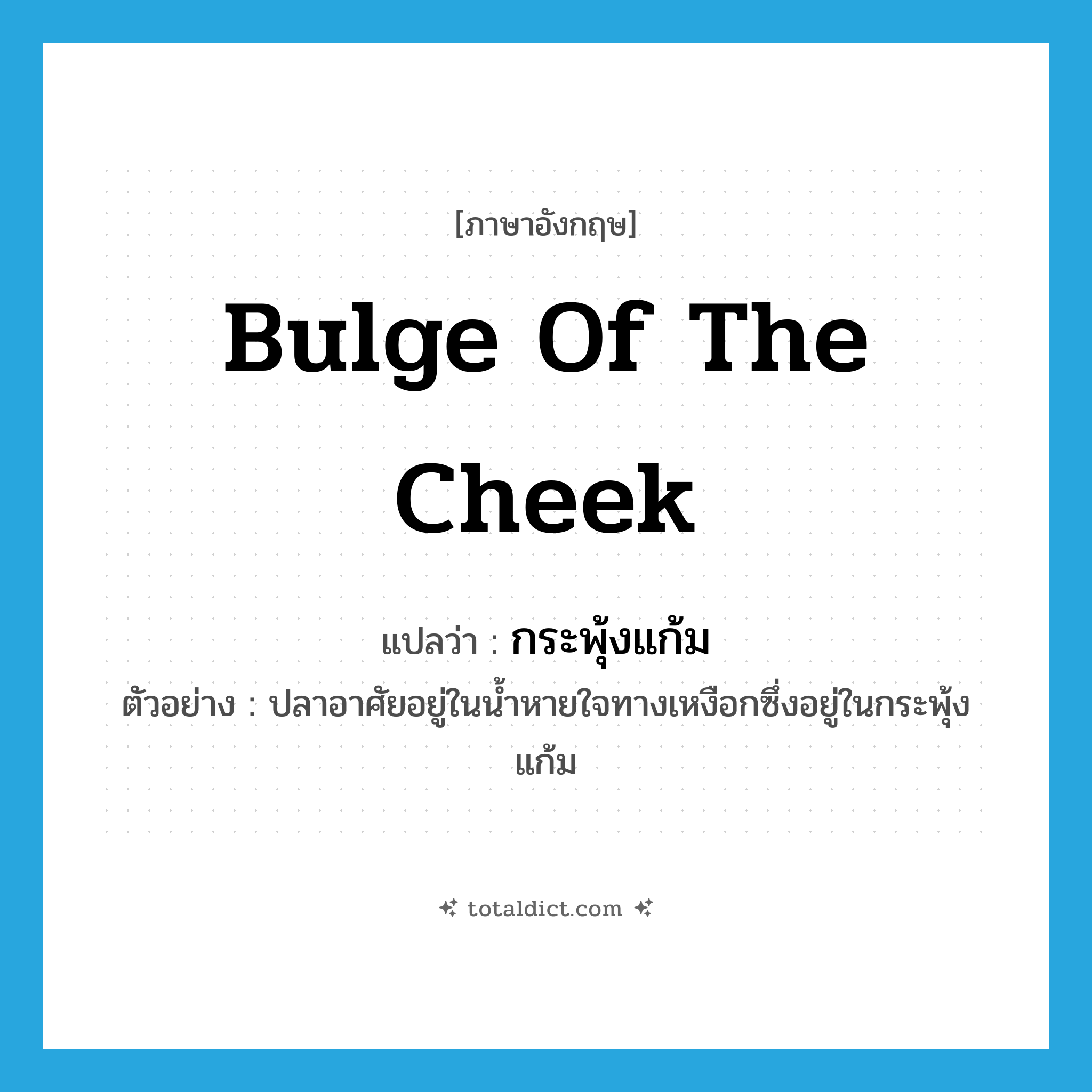 bulge of the cheek แปลว่า?, คำศัพท์ภาษาอังกฤษ bulge of the cheek แปลว่า กระพุ้งแก้ม ประเภท N ตัวอย่าง ปลาอาศัยอยู่ในน้ำหายใจทางเหงือกซึ่งอยู่ในกระพุ้งแก้ม หมวด N