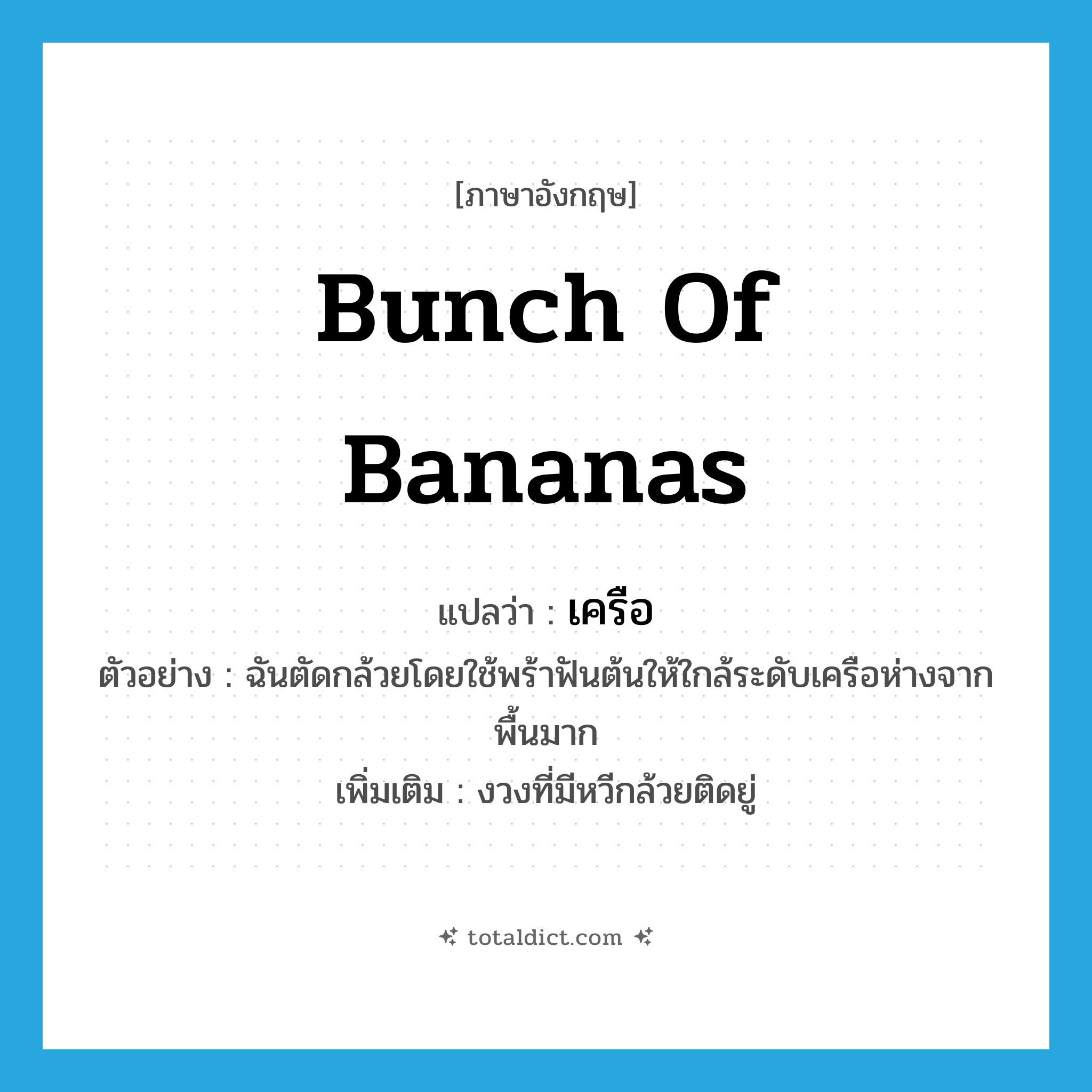 bunch of bananas แปลว่า?, คำศัพท์ภาษาอังกฤษ bunch of bananas แปลว่า เครือ ประเภท N ตัวอย่าง ฉันตัดกล้วยโดยใช้พร้าฟันต้นให้ใกล้ระดับเครือห่างจากพื้นมาก เพิ่มเติม งวงที่มีหวีกล้วยติดยู่ หมวด N