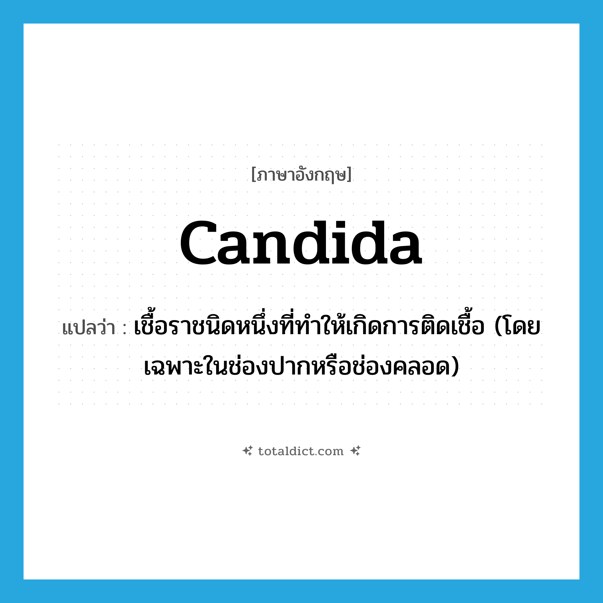 candida แปลว่า?, คำศัพท์ภาษาอังกฤษ candida แปลว่า เชื้อราชนิดหนึ่งที่ทำให้เกิดการติดเชื้อ (โดยเฉพาะในช่องปากหรือช่องคลอด) ประเภท N หมวด N