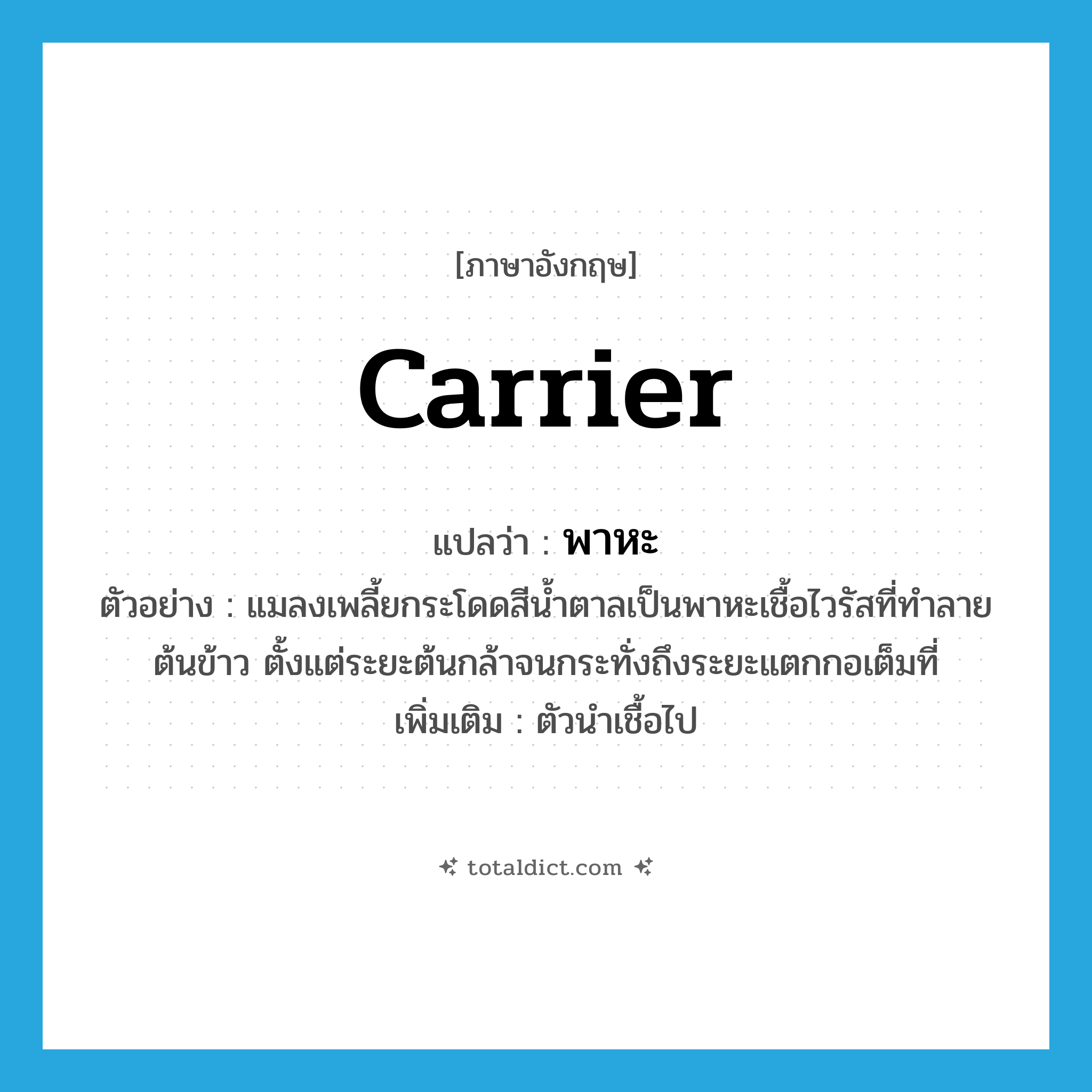 carrier แปลว่า?, คำศัพท์ภาษาอังกฤษ carrier แปลว่า พาหะ ประเภท N ตัวอย่าง แมลงเพลี้ยกระโดดสีน้ำตาลเป็นพาหะเชื้อไวรัสที่ทำลายต้นข้าว ตั้งแต่ระยะต้นกล้าจนกระทั่งถึงระยะแตกกอเต็มที่ เพิ่มเติม ตัวนำเชื้อไป หมวด N