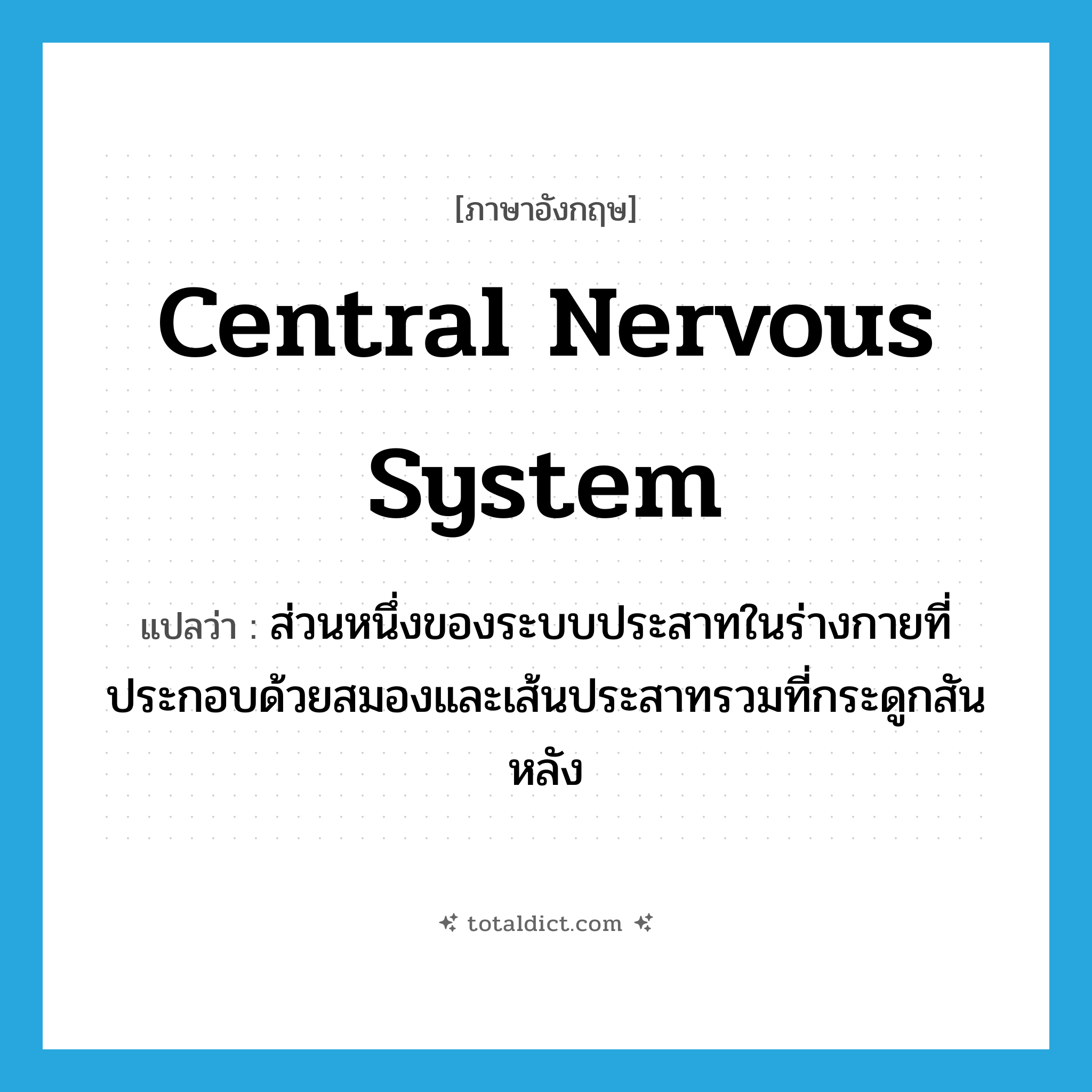 central nervous system แปลว่า?, คำศัพท์ภาษาอังกฤษ central nervous system แปลว่า ส่วนหนึ่งของระบบประสาทในร่างกายที่ประกอบด้วยสมองและเส้นประสาทรวมที่กระดูกสันหลัง ประเภท N หมวด N