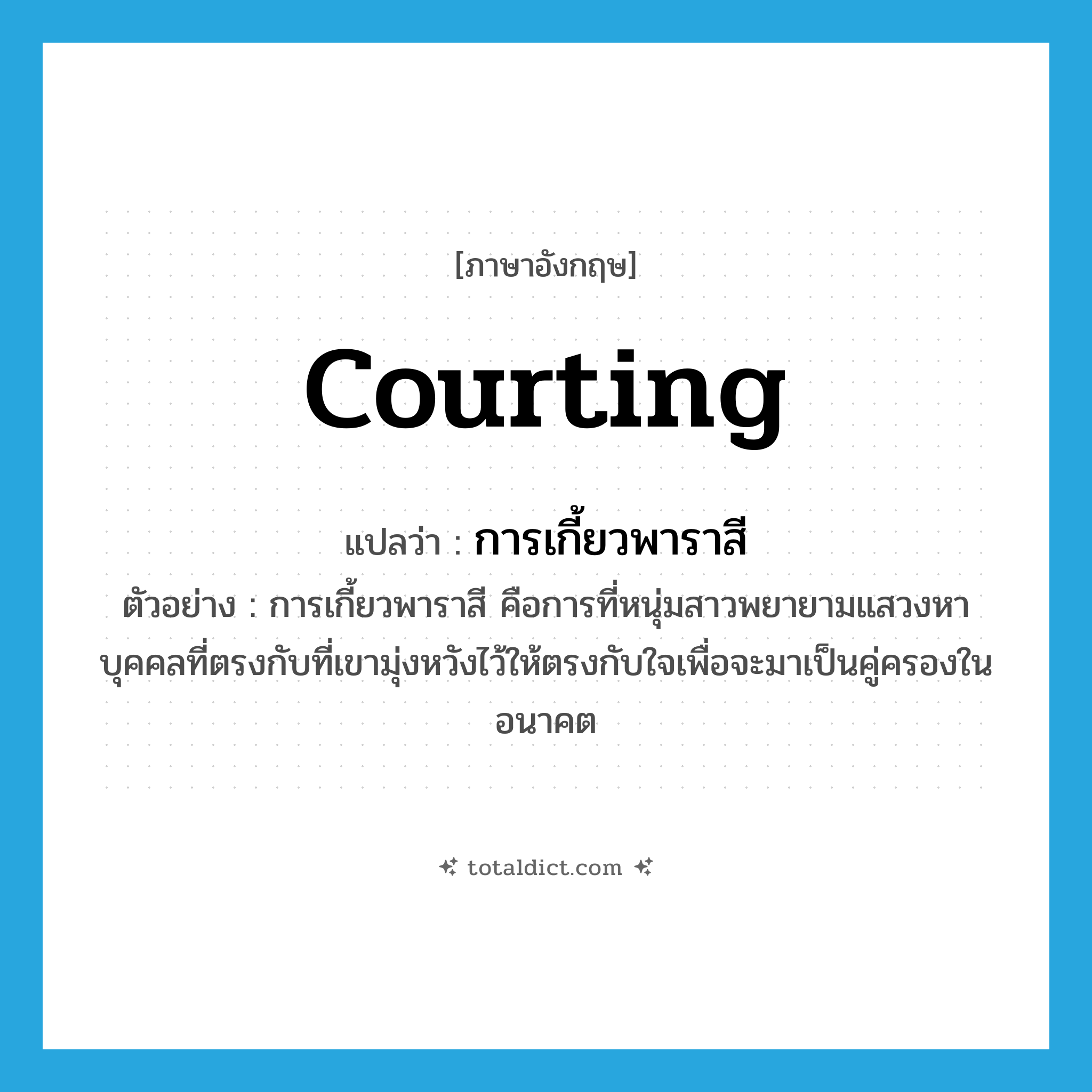 courting แปลว่า?, คำศัพท์ภาษาอังกฤษ courting แปลว่า การเกี้ยวพาราสี ประเภท N ตัวอย่าง การเกี้ยวพาราสี คือการที่หนุ่มสาวพยายามแสวงหาบุคคลที่ตรงกับที่เขามุ่งหวังไว้ให้ตรงกับใจเพื่อจะมาเป็นคู่ครองในอนาคต หมวด N