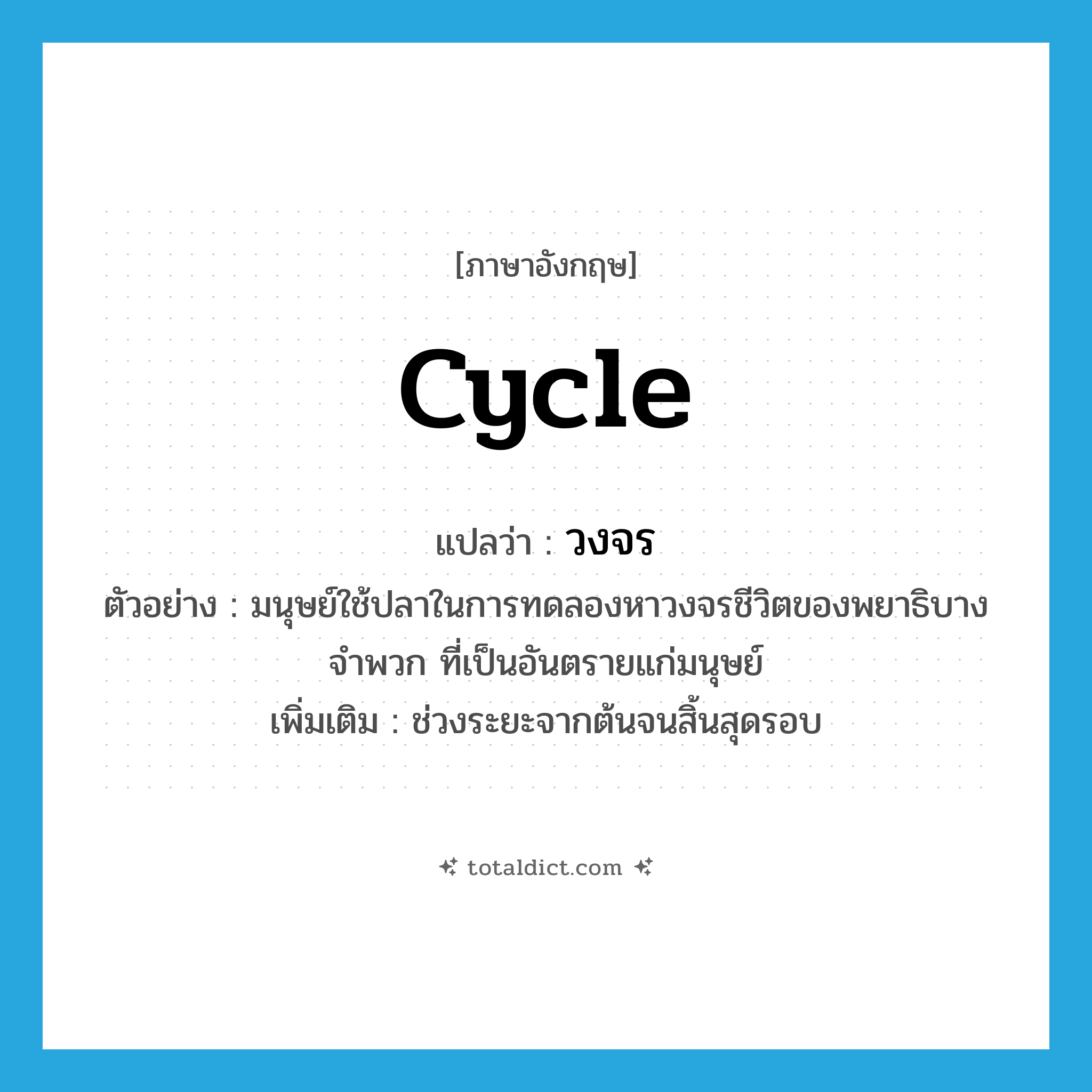 cycle แปลว่า?, คำศัพท์ภาษาอังกฤษ cycle แปลว่า วงจร ประเภท N ตัวอย่าง มนุษย์ใช้ปลาในการทดลองหาวงจรชีวิตของพยาธิบางจำพวก ที่เป็นอันตรายแก่มนุษย์ เพิ่มเติม ช่วงระยะจากต้นจนสิ้นสุดรอบ หมวด N