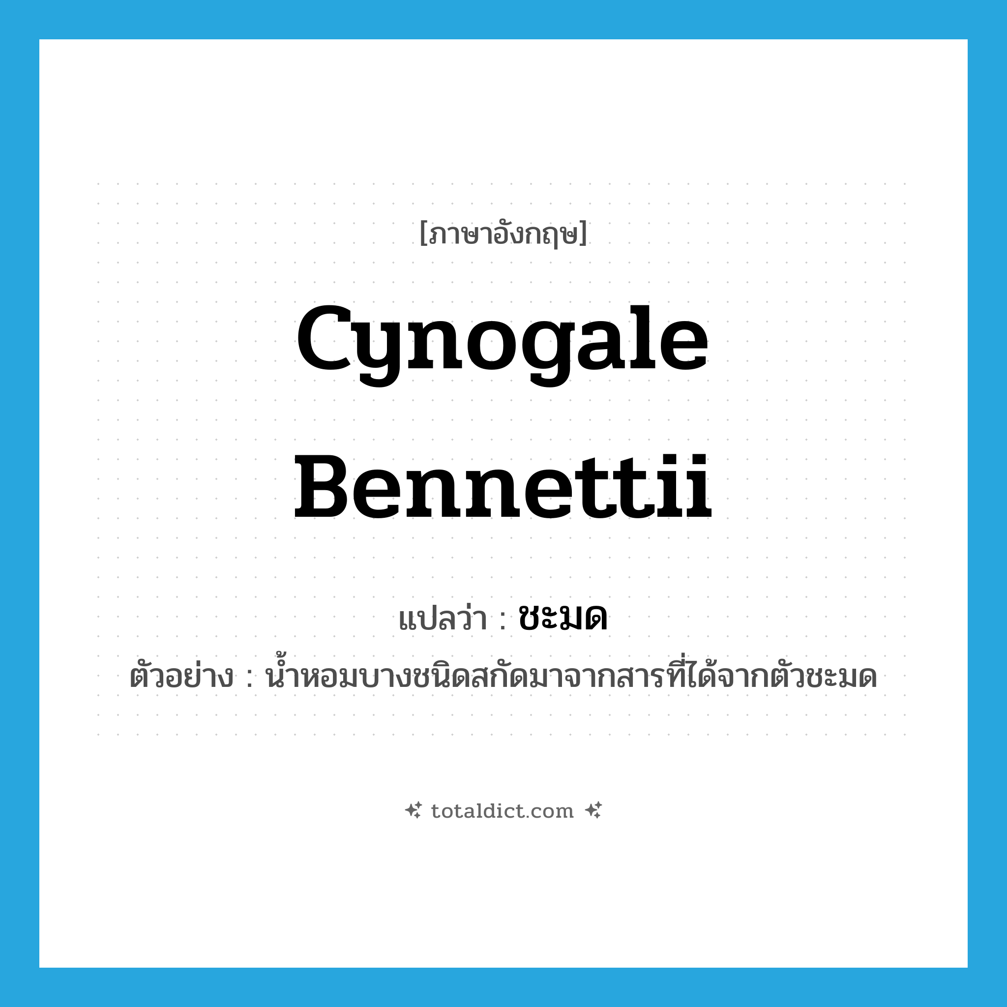 Cynogale bennettii แปลว่า?, คำศัพท์ภาษาอังกฤษ Cynogale bennettii แปลว่า ชะมด ประเภท N ตัวอย่าง น้ำหอมบางชนิดสกัดมาจากสารที่ได้จากตัวชะมด หมวด N