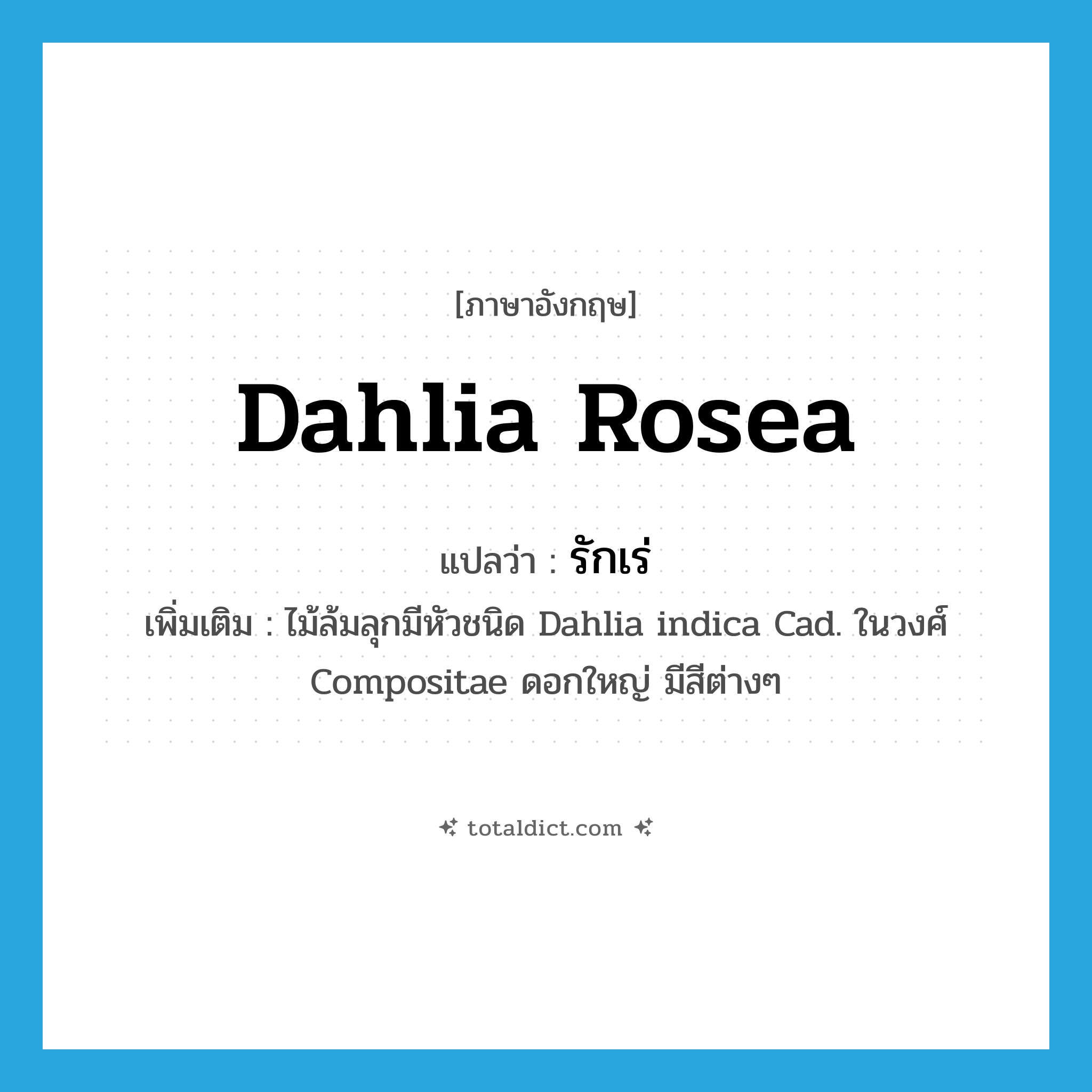 Dahlia rosea แปลว่า?, คำศัพท์ภาษาอังกฤษ Dahlia rosea แปลว่า รักเร่ ประเภท N เพิ่มเติม ไม้ล้มลุกมีหัวชนิด Dahlia indica Cad. ในวงศ์ Compositae ดอกใหญ่ มีสีต่างๆ หมวด N