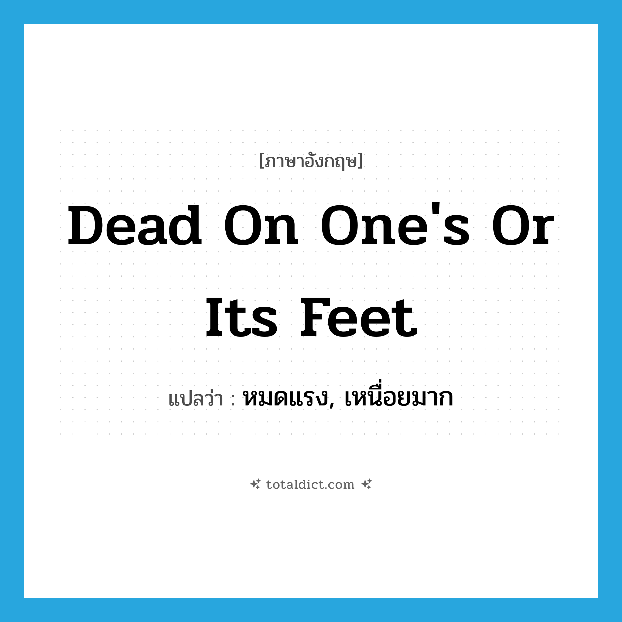 dead on one&#39;s or its feet แปลว่า?, คำศัพท์ภาษาอังกฤษ dead on one&#39;s or its feet แปลว่า หมดแรง, เหนื่อยมาก ประเภท IDM หมวด IDM