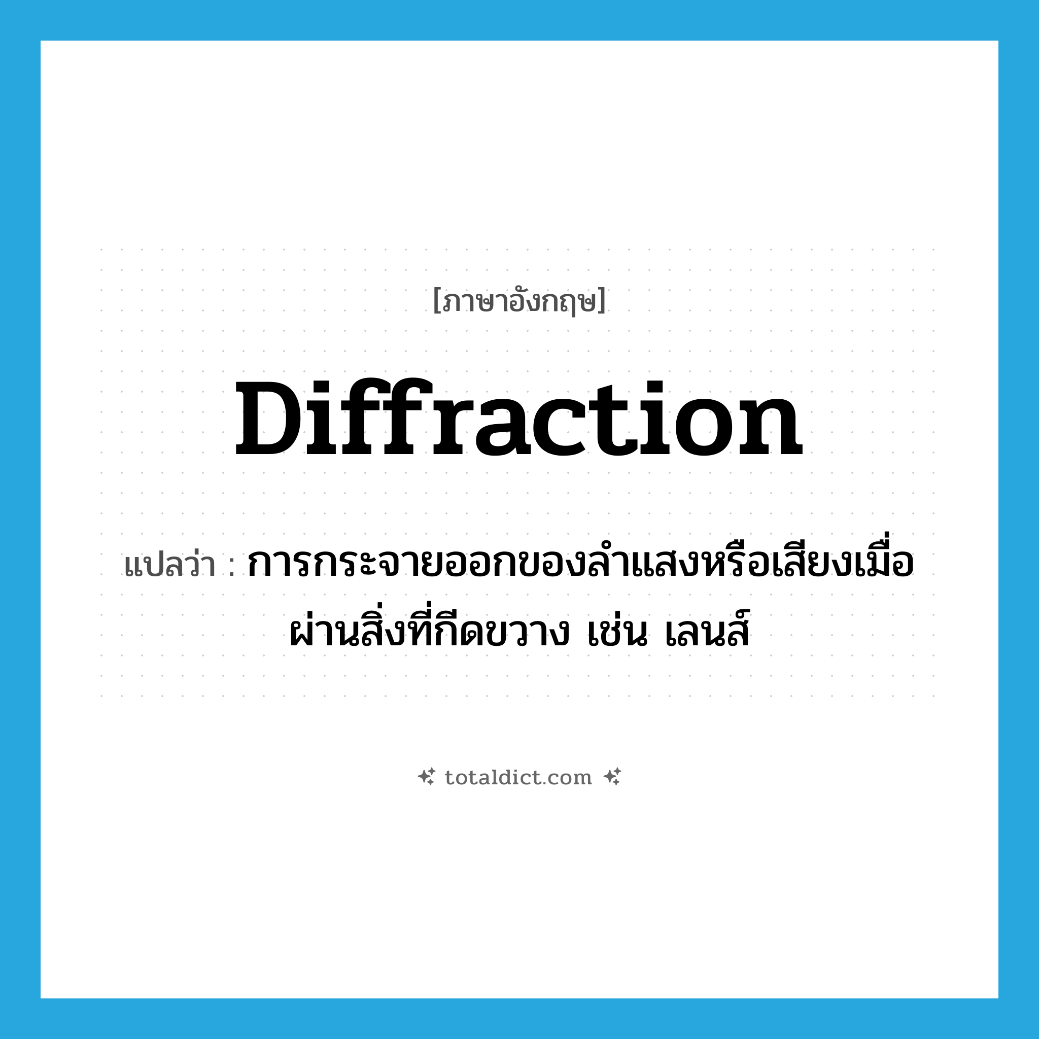 diffraction แปลว่า?, คำศัพท์ภาษาอังกฤษ diffraction แปลว่า การกระจายออกของลำแสงหรือเสียงเมื่อผ่านสิ่งที่กีดขวาง เช่น เลนส์ ประเภท N หมวด N
