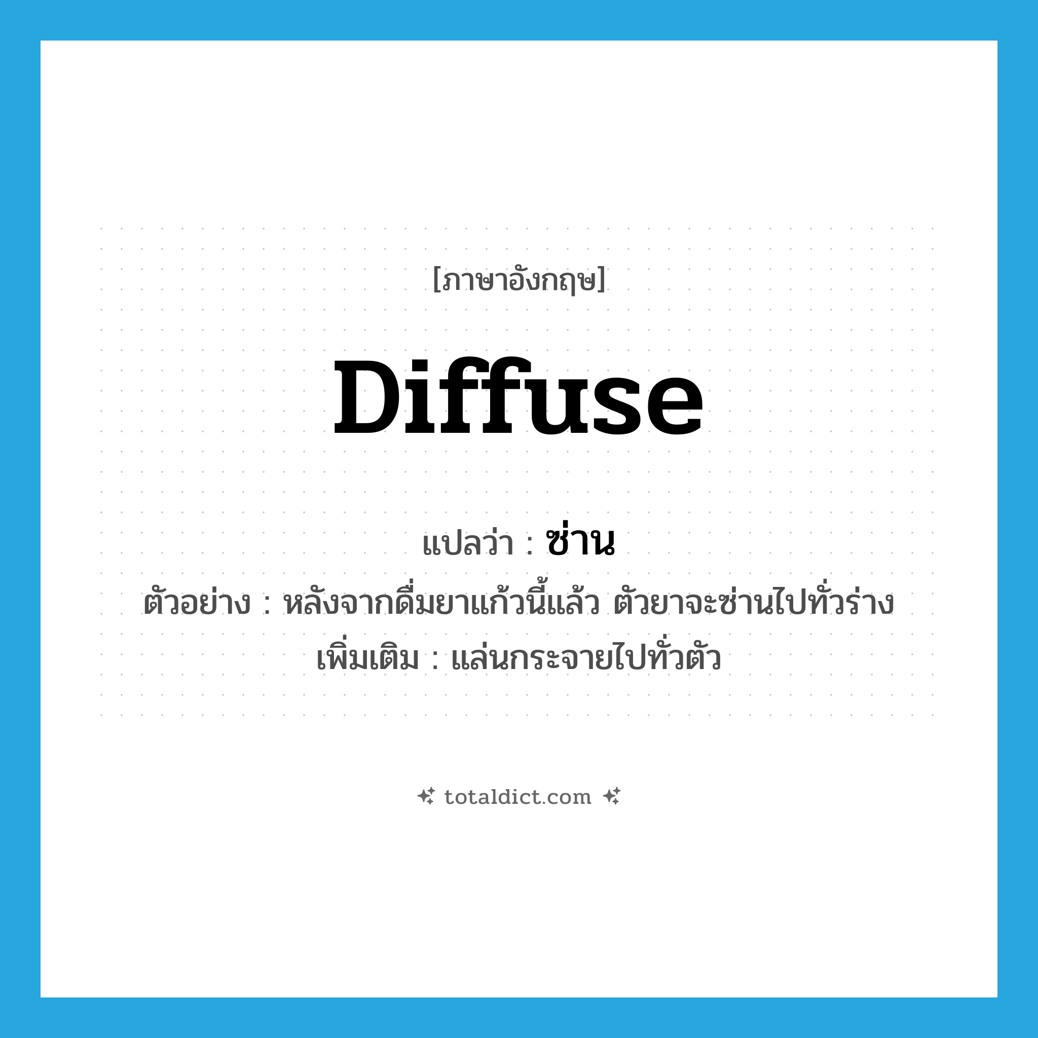 diffuse แปลว่า?, คำศัพท์ภาษาอังกฤษ diffuse แปลว่า ซ่าน ประเภท V ตัวอย่าง หลังจากดื่มยาแก้วนี้แล้ว ตัวยาจะซ่านไปทั่วร่าง เพิ่มเติม แล่นกระจายไปทั่วตัว หมวด V