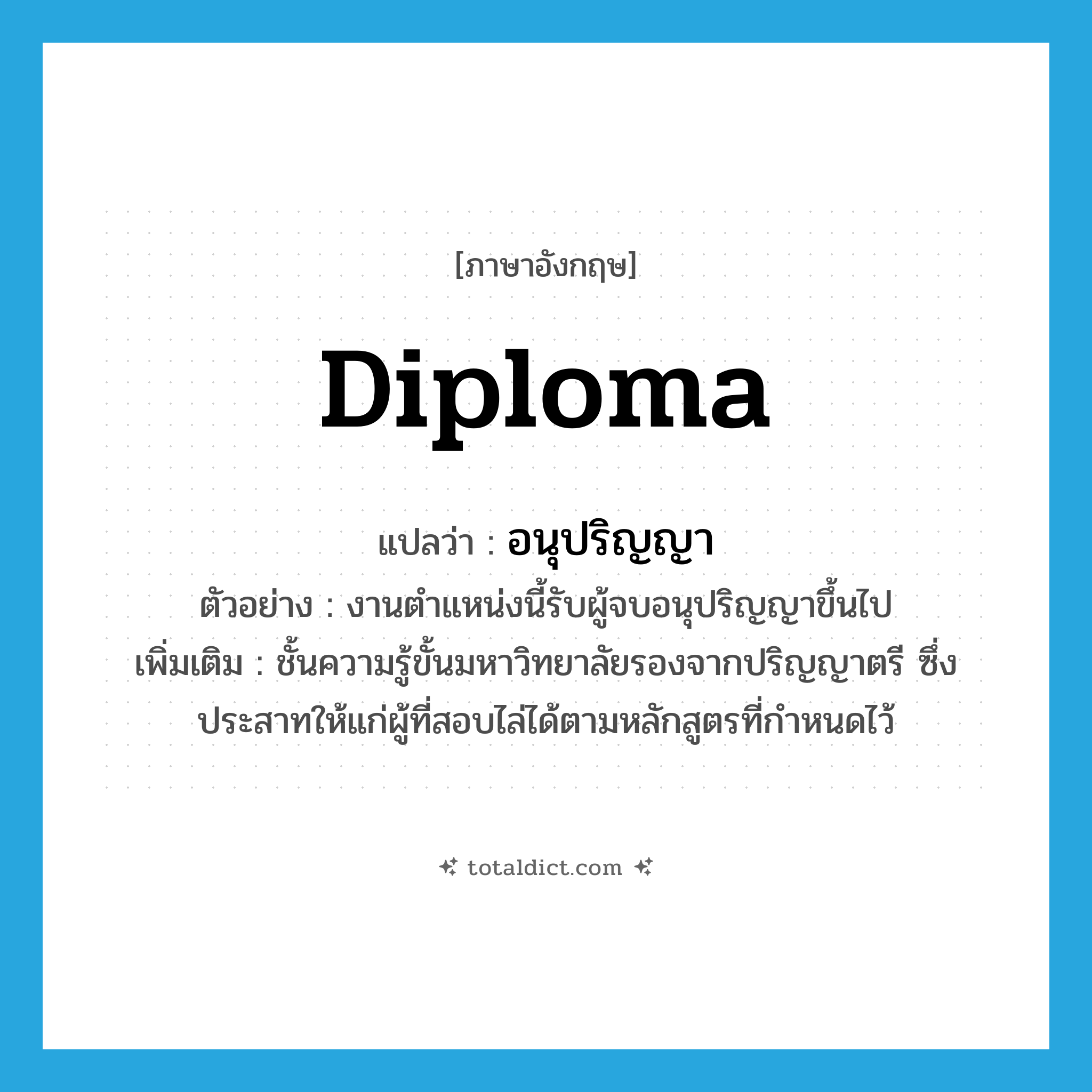 diploma แปลว่า?, คำศัพท์ภาษาอังกฤษ diploma แปลว่า อนุปริญญา ประเภท N ตัวอย่าง งานตำแหน่งนี้รับผู้จบอนุปริญญาขึ้นไป เพิ่มเติม ชั้นความรู้ขั้นมหาวิทยาลัยรองจากปริญญาตรี ซึ่งประสาทให้แก่ผู้ที่สอบไล่ได้ตามหลักสูตรที่กำหนดไว้ หมวด N