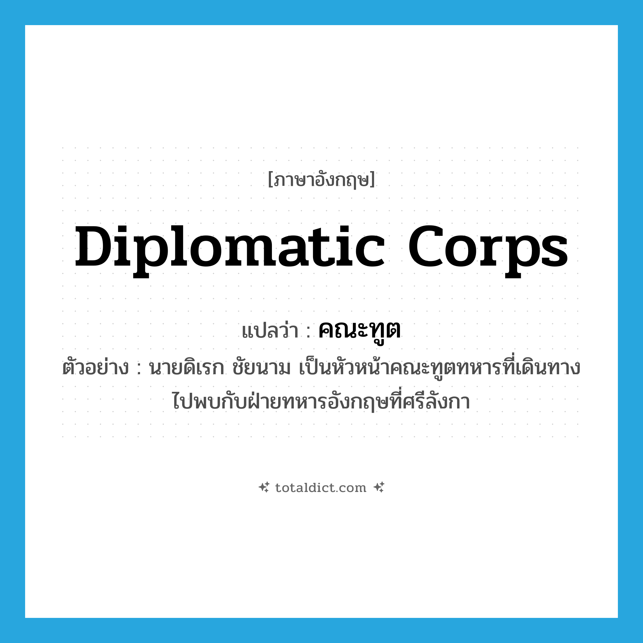 diplomatic corps แปลว่า?, คำศัพท์ภาษาอังกฤษ diplomatic corps แปลว่า คณะทูต ประเภท N ตัวอย่าง นายดิเรก ชัยนาม เป็นหัวหน้าคณะทูตทหารที่เดินทางไปพบกับฝ่ายทหารอังกฤษที่ศรีลังกา หมวด N