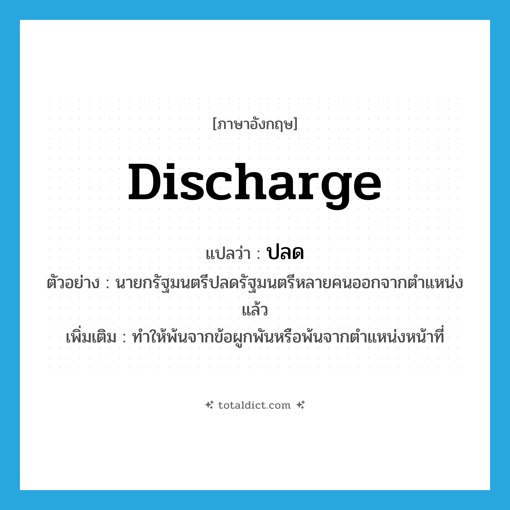 discharge แปลว่า?, คำศัพท์ภาษาอังกฤษ discharge แปลว่า ปลด ประเภท V ตัวอย่าง นายกรัฐมนตรีปลดรัฐมนตรีหลายคนออกจากตำแหน่งแล้ว เพิ่มเติม ทำให้พ้นจากข้อผูกพันหรือพ้นจากตำแหน่งหน้าที่ หมวด V